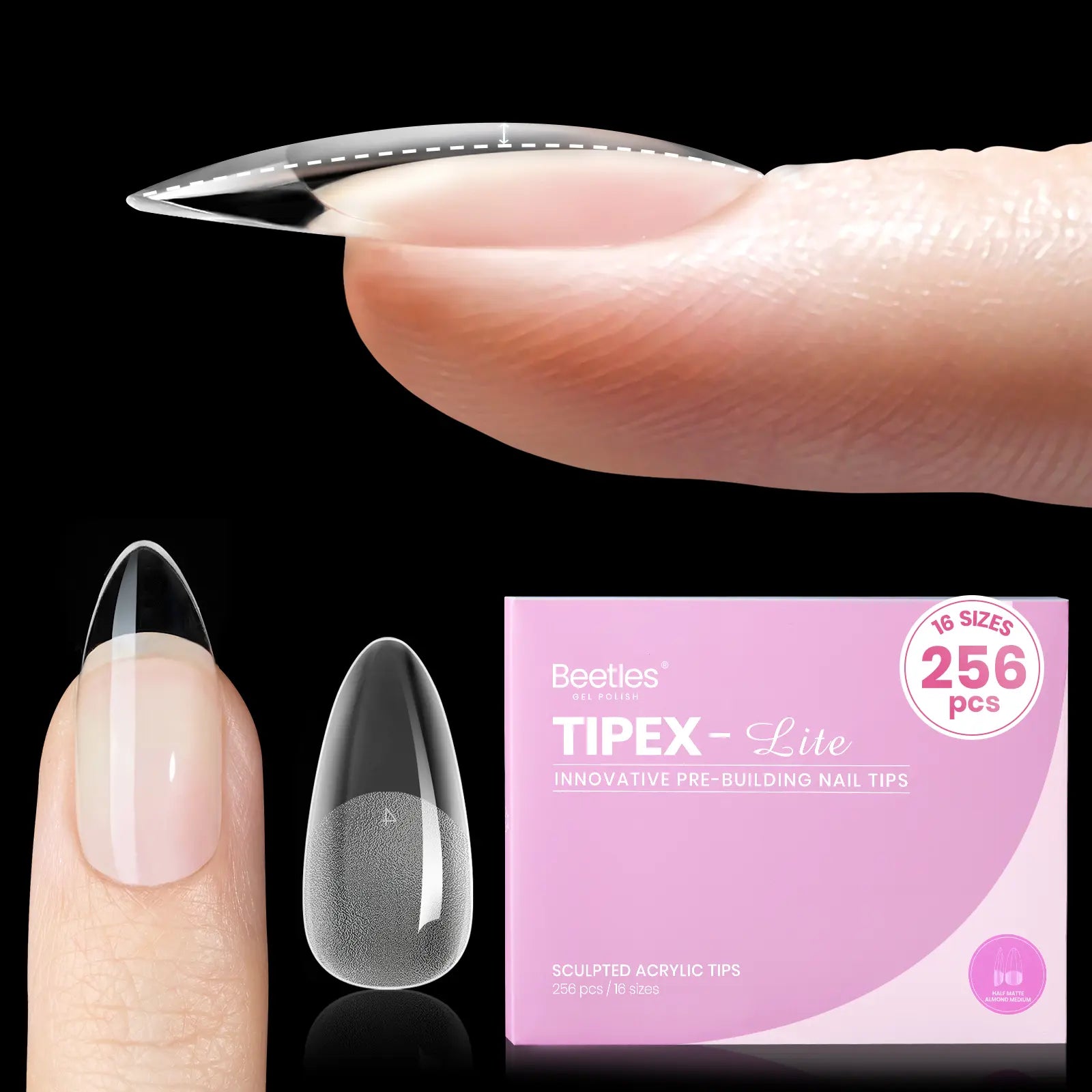 Beetles Tipex Lite Apex Nail Tips, 96/160/256/512PCS Pre-Etched Acrylic Nail Tips for Flat Nails & C-Curve Nail Beds, XS/S/M/L/XL Stiletto, Square, Almond & Coffin Nail Tips
