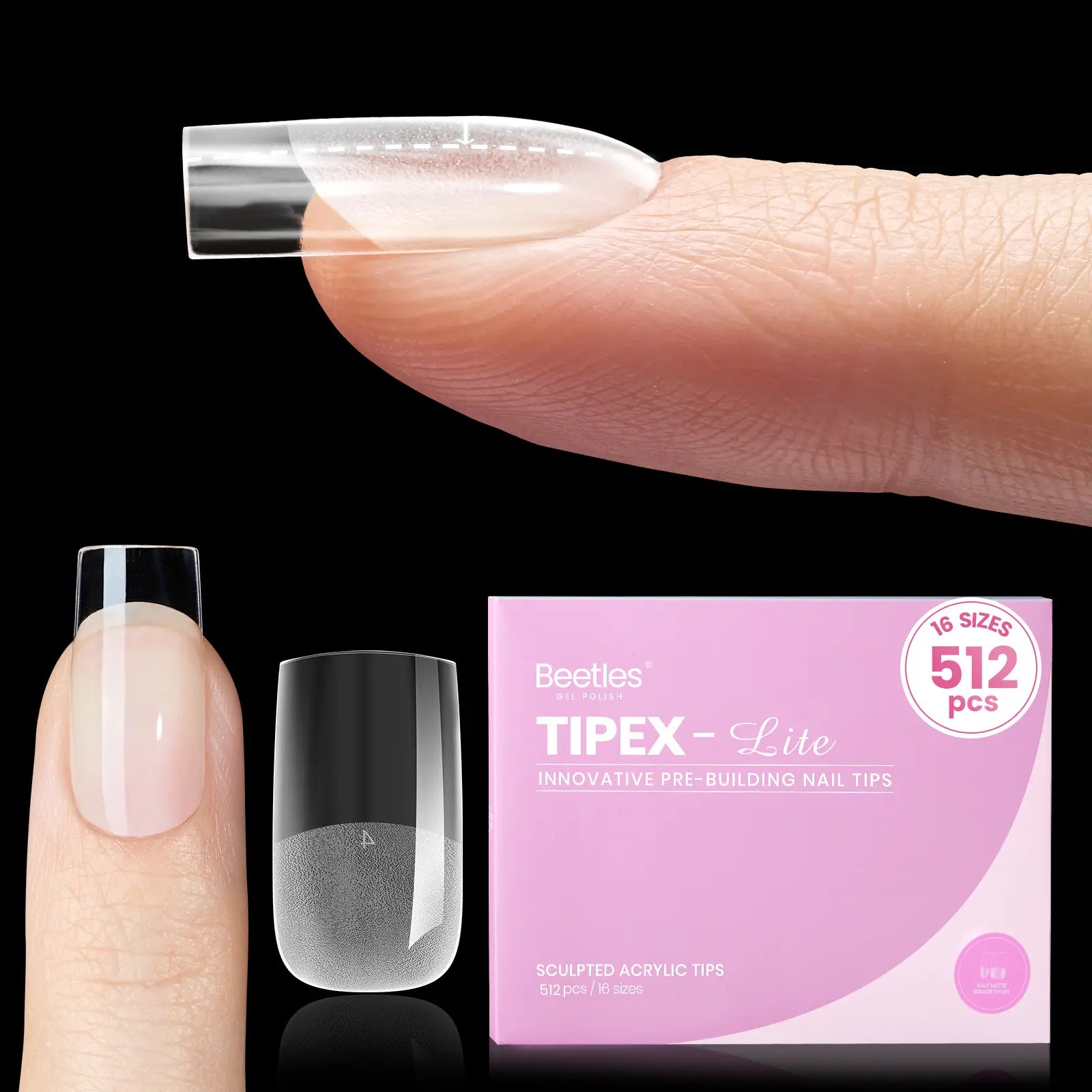Beetles Tipex Lite Apex Nail Tips, 96/160/256/512PCS Pre-Etched Acrylic Nail Tips for Flat Nails & C-Curve Nail Beds, XS/S/M/L/XL Stiletto, Square, Almond & Coffin Nail Tips