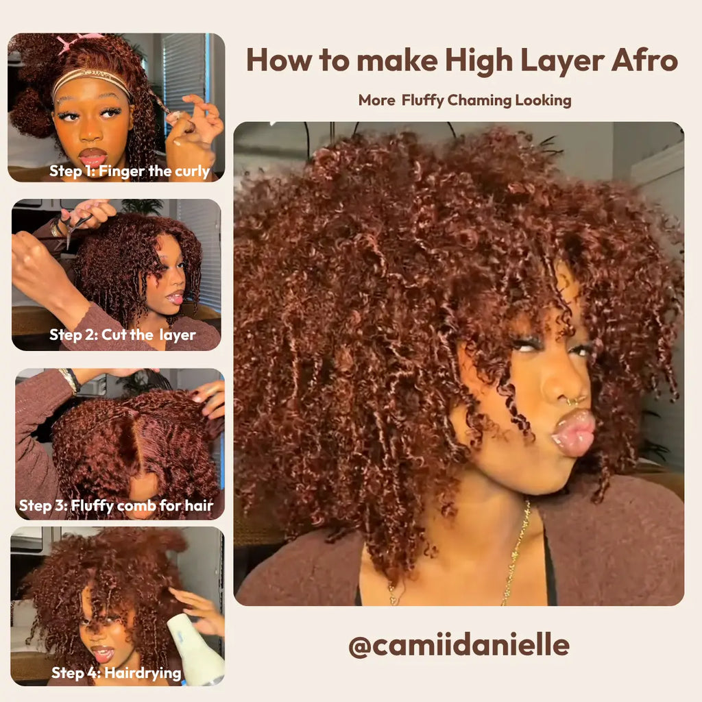 Unice 250% Density Reddish Brown Fluffy Afro Kinky Curly with Layered Finger Coil Ends Glueless 7X5 HD Lace Closure Human Hair Wigs No Slip Beginner-Friendly Natural Looking Summer Wig Super Brand Day