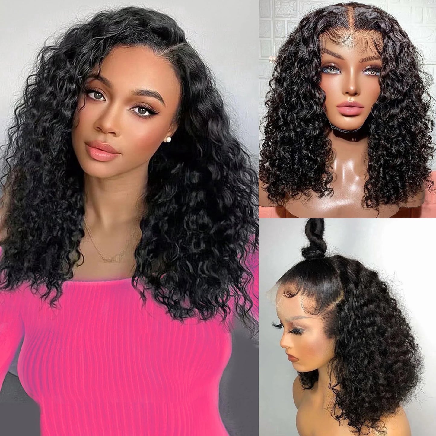 13X6 Bob Wig Water Wave Bob Wigs Human Hair 13X6 Lace Frontal Wigs 200% Density Curly Bob Wig Human Hair Pre Plucked Deep Wave Wig for Black Women Natural Black 8Inch