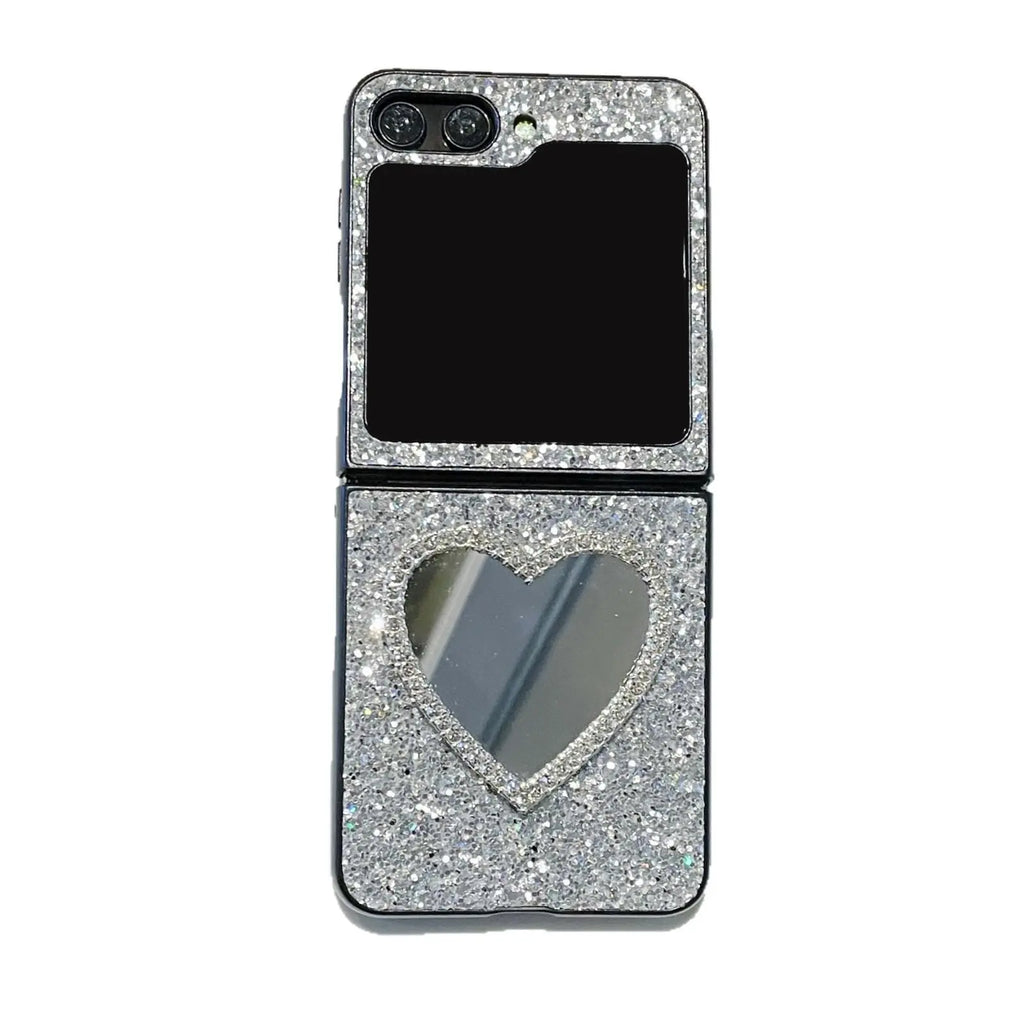 Compatible with Z Flip 8/7 FE/6/5/4/3 | Heart-Shaped Makeup Mirror Phone Case, Dazzling Starry Glitter for Folding Phone HNZ0013