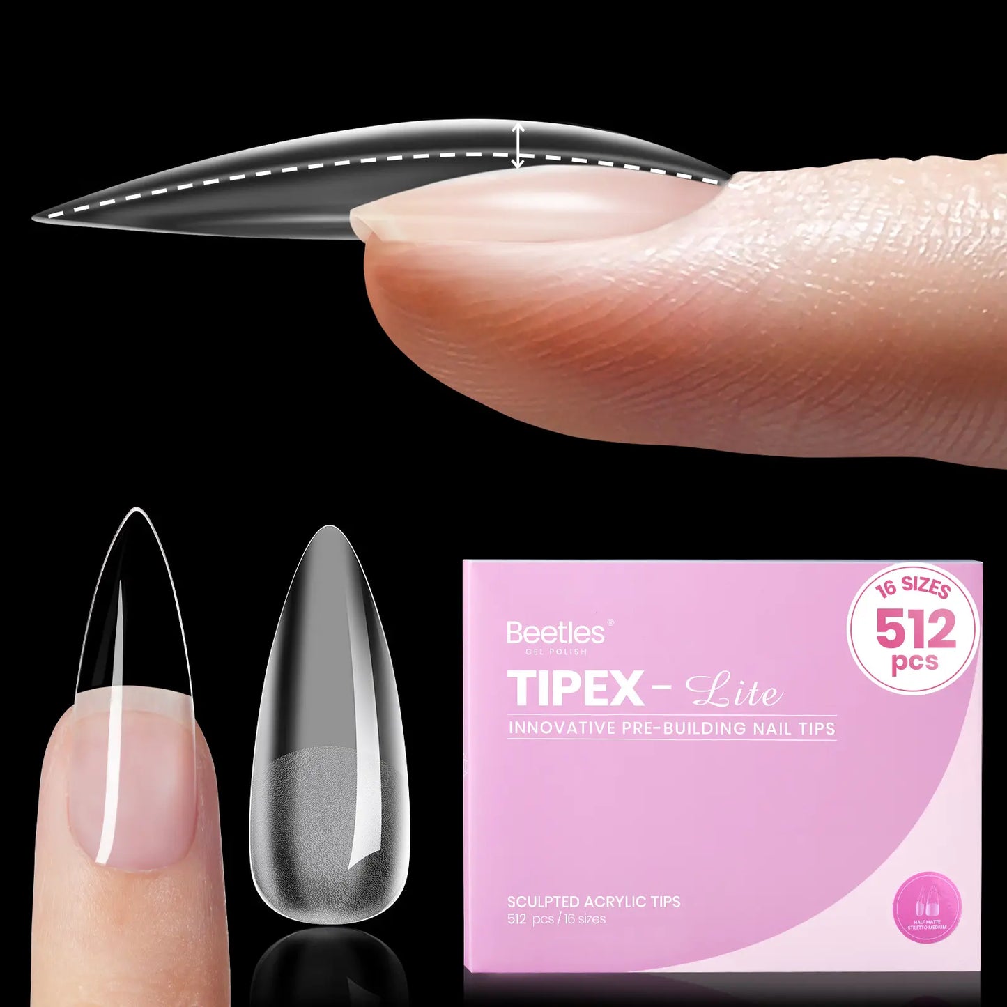 Beetles Tipex Lite Apex Nail Tips, 96/160/256/512PCS Pre-Etched Acrylic Nail Tips for Flat Nails & C-Curve Nail Beds, XS/S/M/L/XL Stiletto, Square, Almond & Coffin Nail Tips