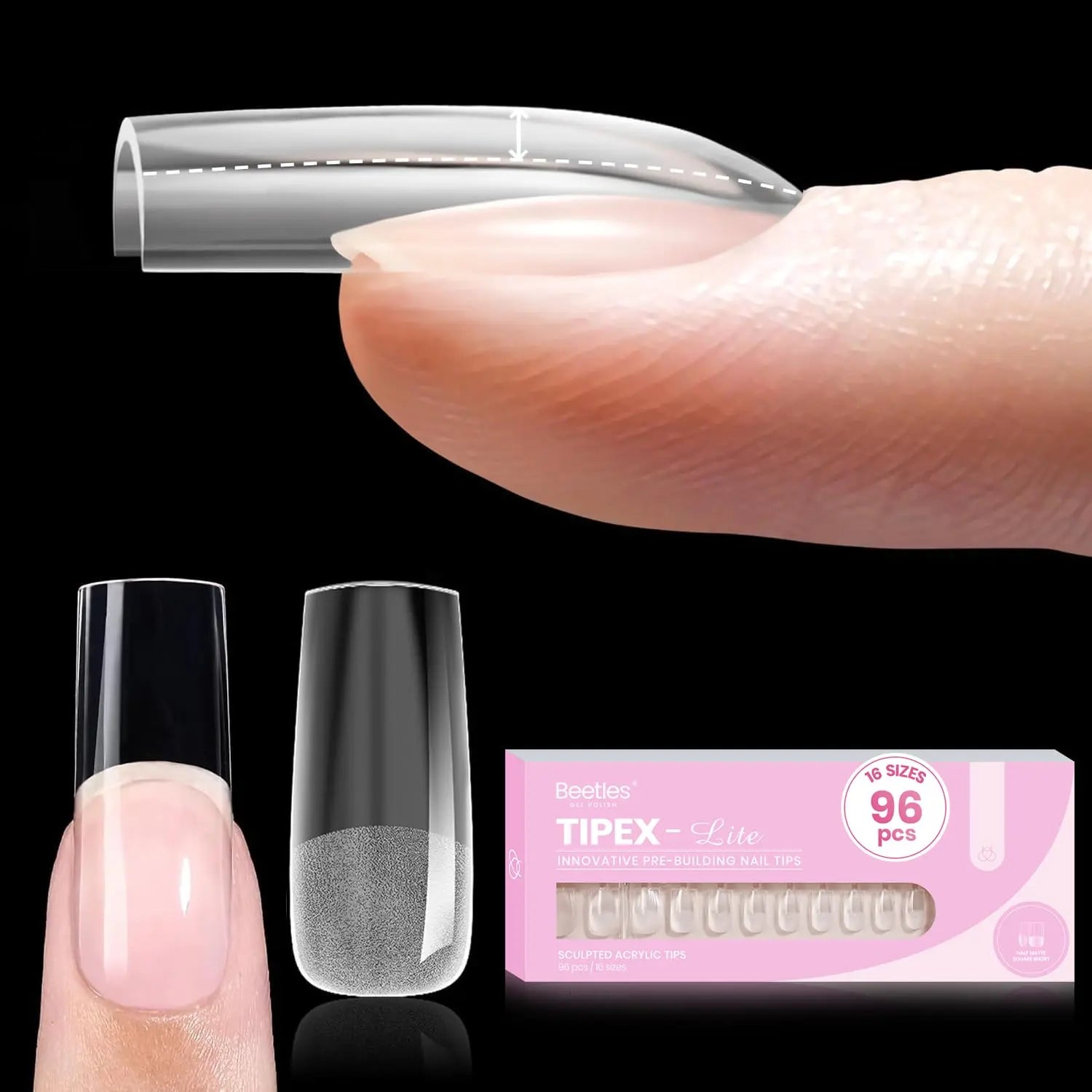 Beetles Tipex Lite Apex Nail Tips, 96/160/256/512PCS Pre-Etched Acrylic Nail Tips for Flat Nails & C-Curve Nail Beds, XS/S/M/L/XL Stiletto, Square, Almond & Coffin Nail Tips