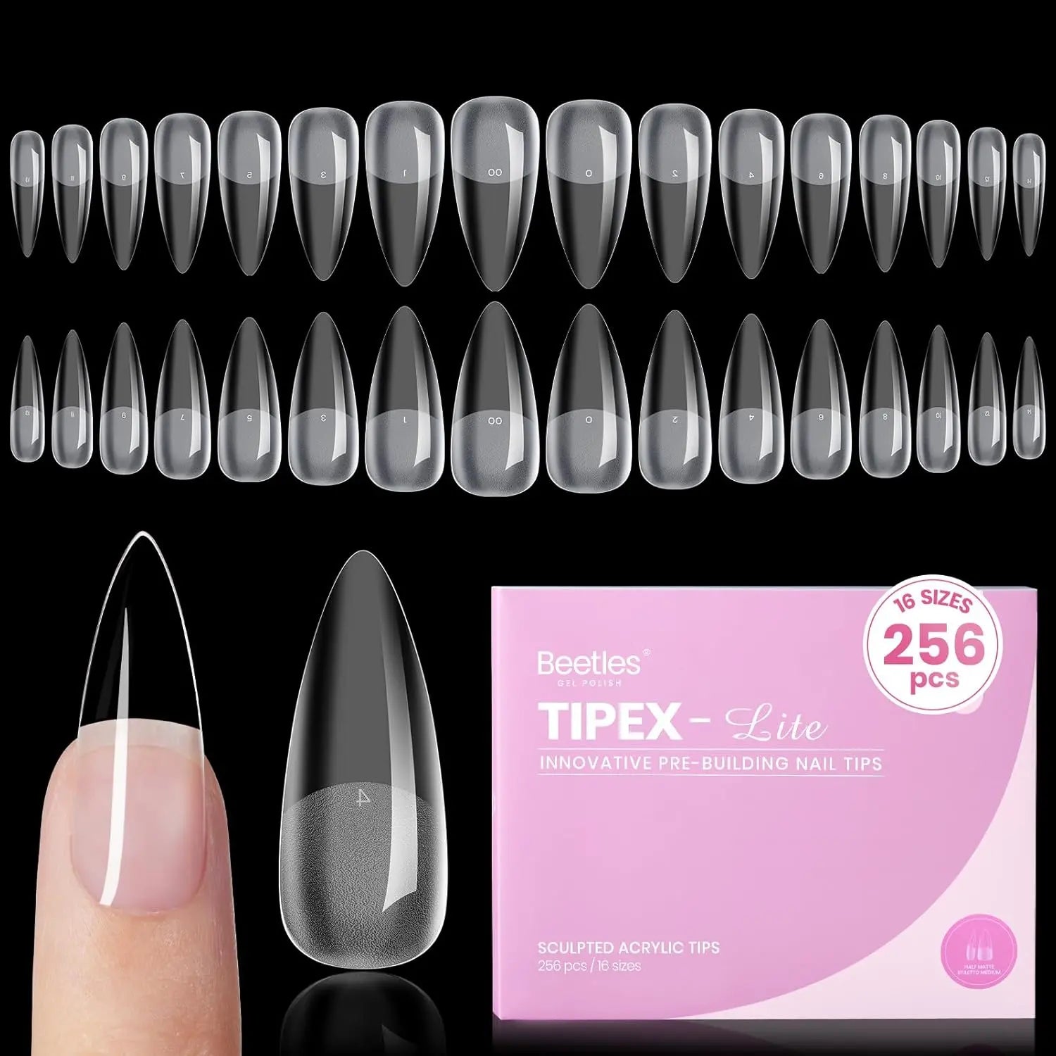 Beetles Tipex Lite Apex Nail Tips, 96/160/256/512PCS Pre-Etched Acrylic Nail Tips for Flat Nails & C-Curve Nail Beds, XS/S/M/L/XL Stiletto, Square, Almond & Coffin Nail Tips