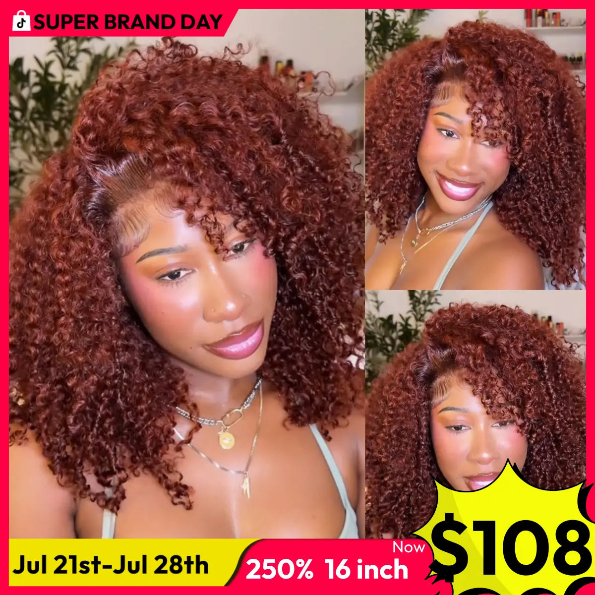 Unice 250% Density Reddish Brown Fluffy Afro Kinky Curly with Layered Finger Coil Ends Glueless 7X5 HD Lace Closure Human Hair Wigs No Slip Beginner-Friendly Natural Looking Summer Wig Super Brand Day