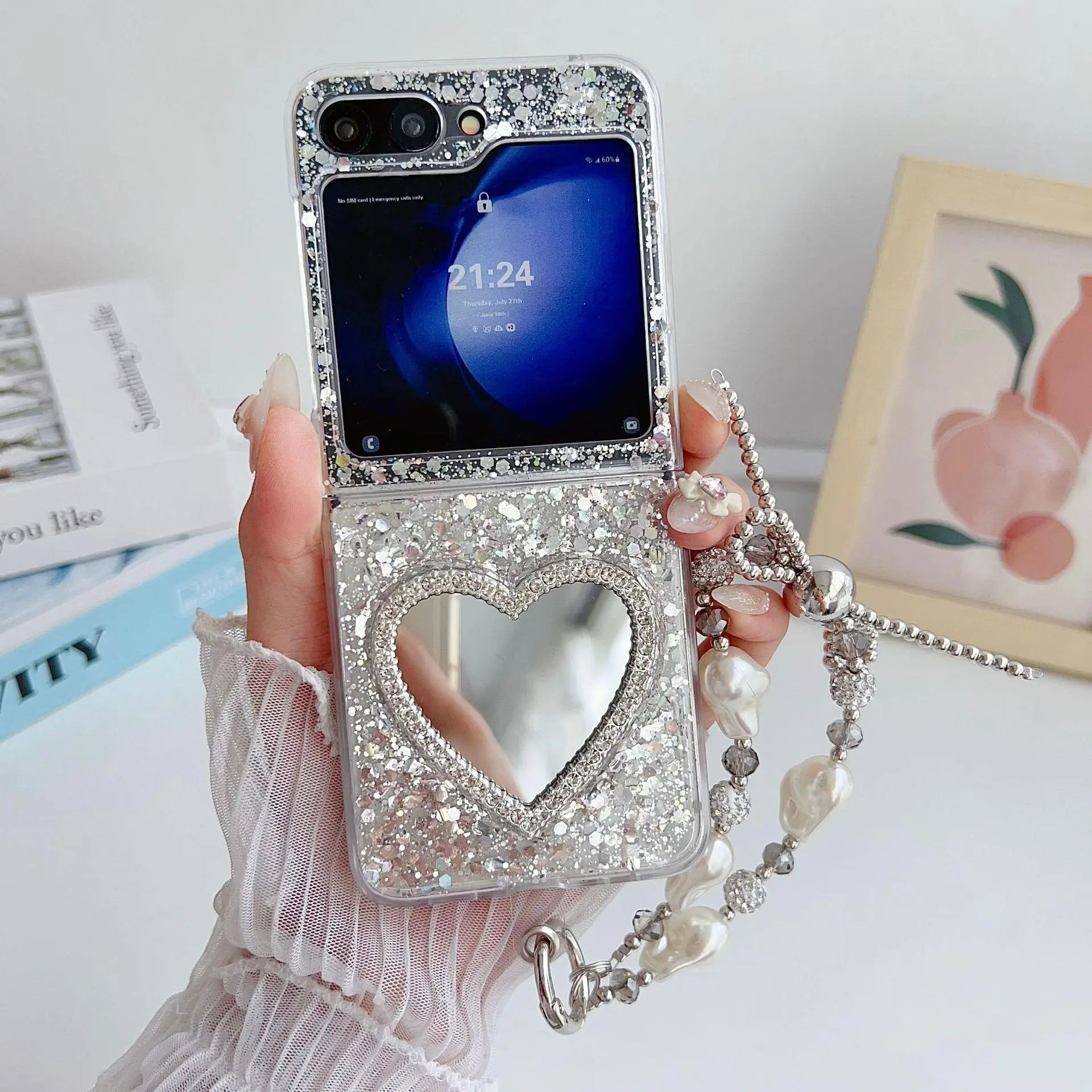 Compatible with Z Flip 8/7 FE/6/5/4/3 | Heart-Shaped Makeup Mirror Phone Case, Dazzling Starry Glitter for Folding Phone HNZ0013