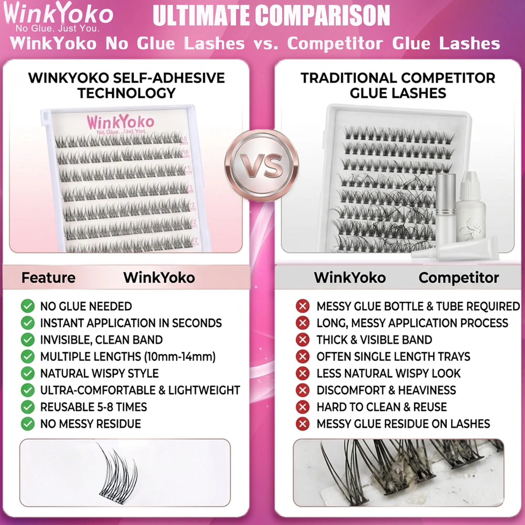 Self Adhesive Natural Lash Clusters-Fishtail Styles, Winkyoko No Glue Beginner Friendly Lashes, C Curl Diy Lash Extension, 8-14Mm Mixed Length Individval Natural-Look Eyelash Extension, Pre-Glued Long Lasting Lightweight Wispy Cat Eye Look No Glue Needed