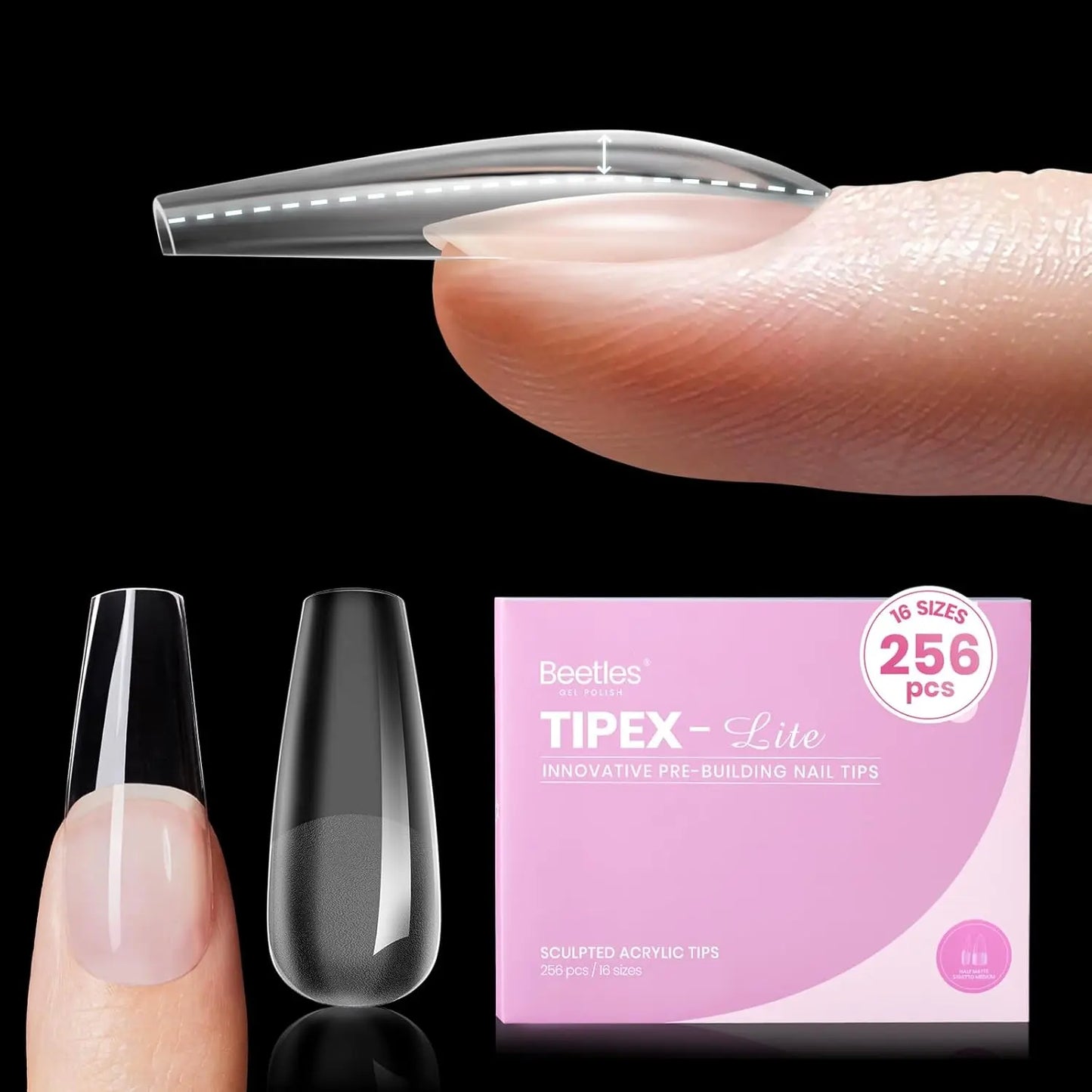 Beetles Tipex Lite Apex Nail Tips, 96/160/256/512PCS Pre-Etched Acrylic Nail Tips for Flat Nails & C-Curve Nail Beds, XS/S/M/L/XL Stiletto, Square, Almond & Coffin Nail Tips