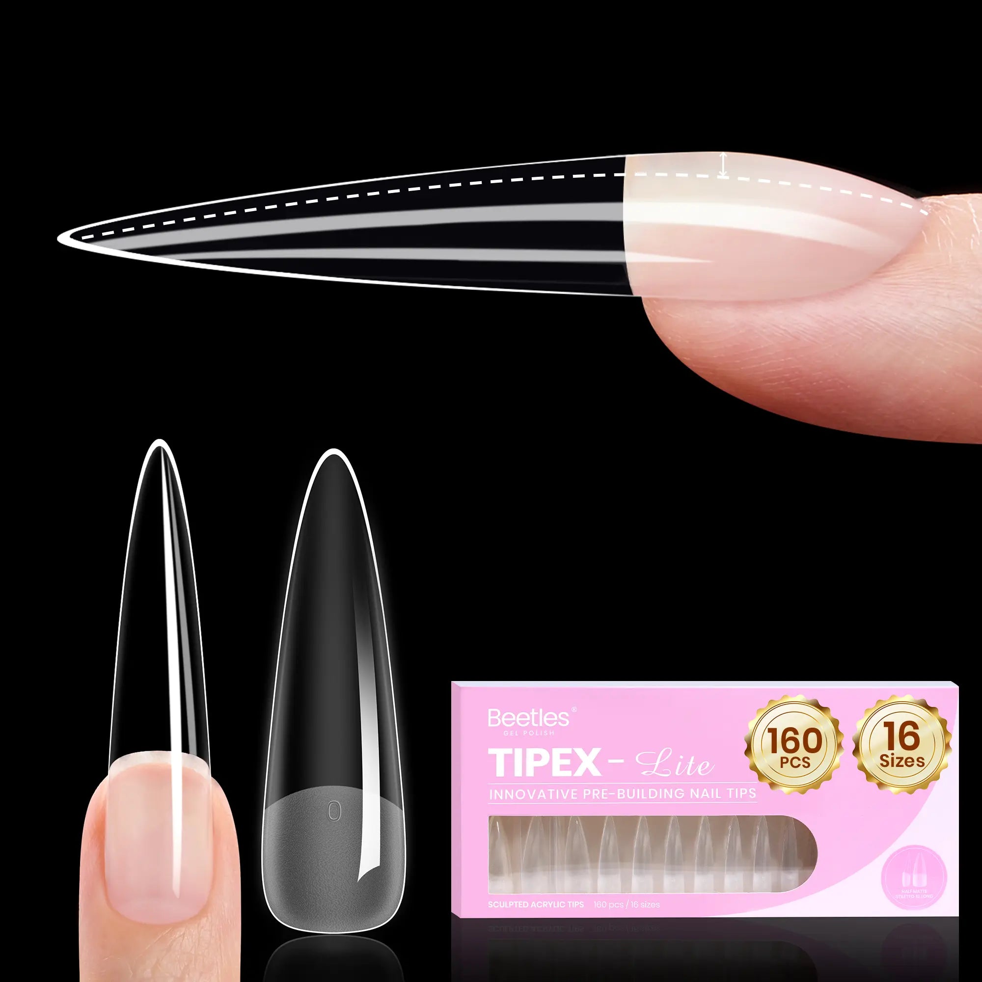 Beetles Tipex Lite Apex Nail Tips, 96/160/256/512PCS Pre-Etched Acrylic Nail Tips for Flat Nails & C-Curve Nail Beds, XS/S/M/L/XL Stiletto, Square, Almond & Coffin Nail Tips