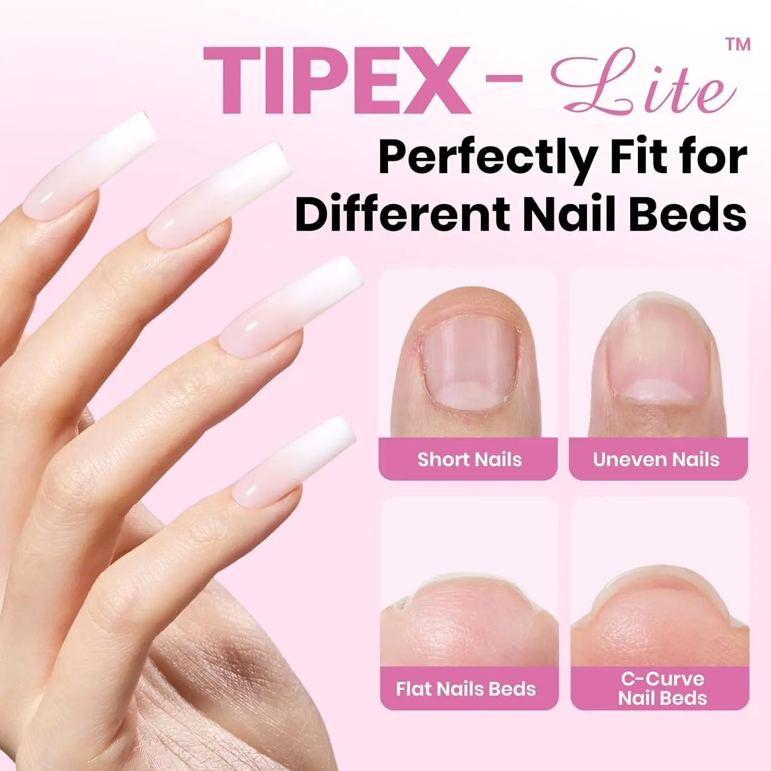 Beetles Tipex Lite Apex Nail Tips, 96/160/256/512PCS Pre-Etched Acrylic Nail Tips for Flat Nails & C-Curve Nail Beds, XS/S/M/L/XL Stiletto, Square, Almond & Coffin Nail Tips