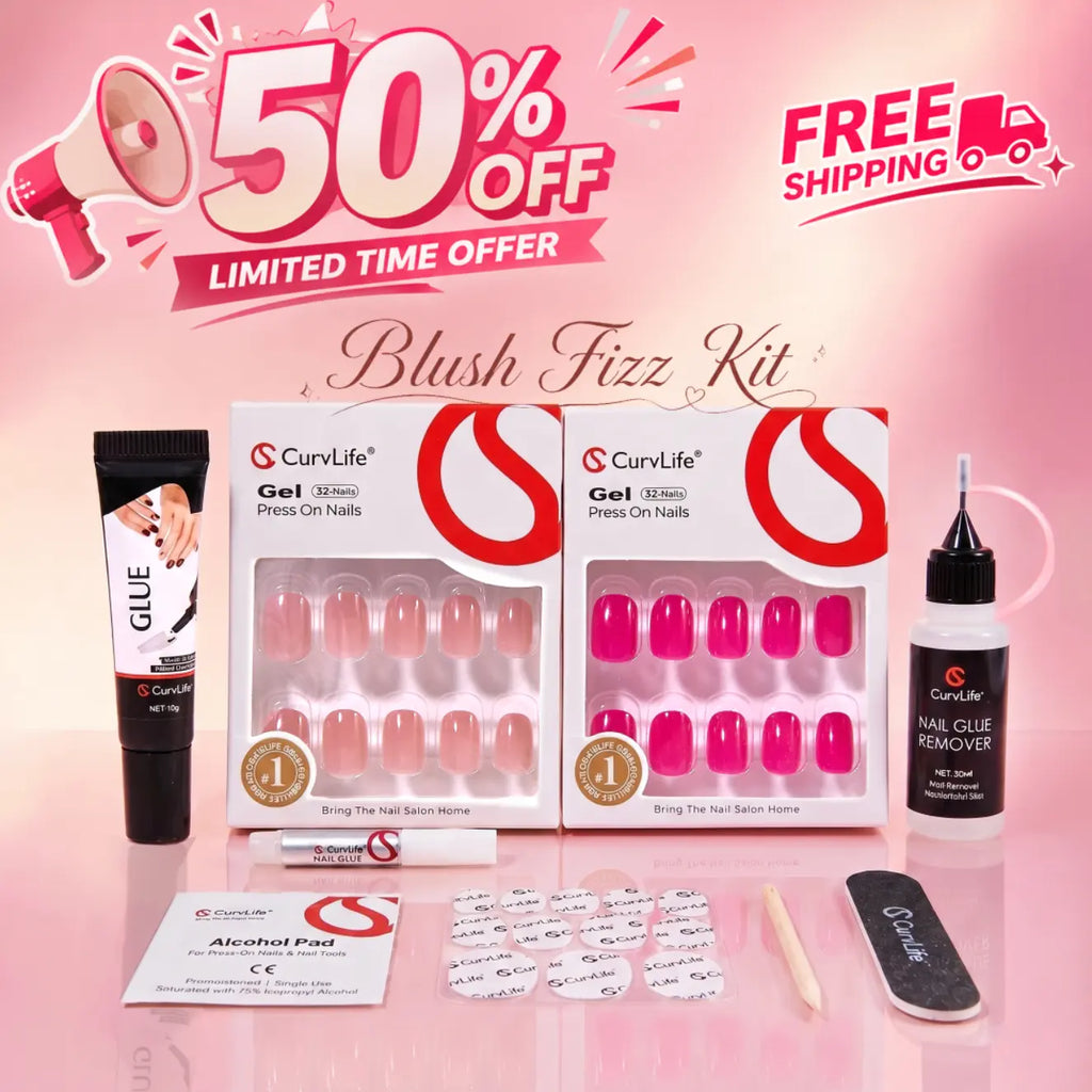 Curvlife Extra Short Squoval Press-On Nails Collection | 30PCS | Natural Nude & Pink Tones, Simple Cute, Soft Petal & Floral Styles, Glossy Jelly Finish | Summervibes | Non-Toxic Reusable Nails, Easy Application, Everyday Minimal Look for Daily Wear