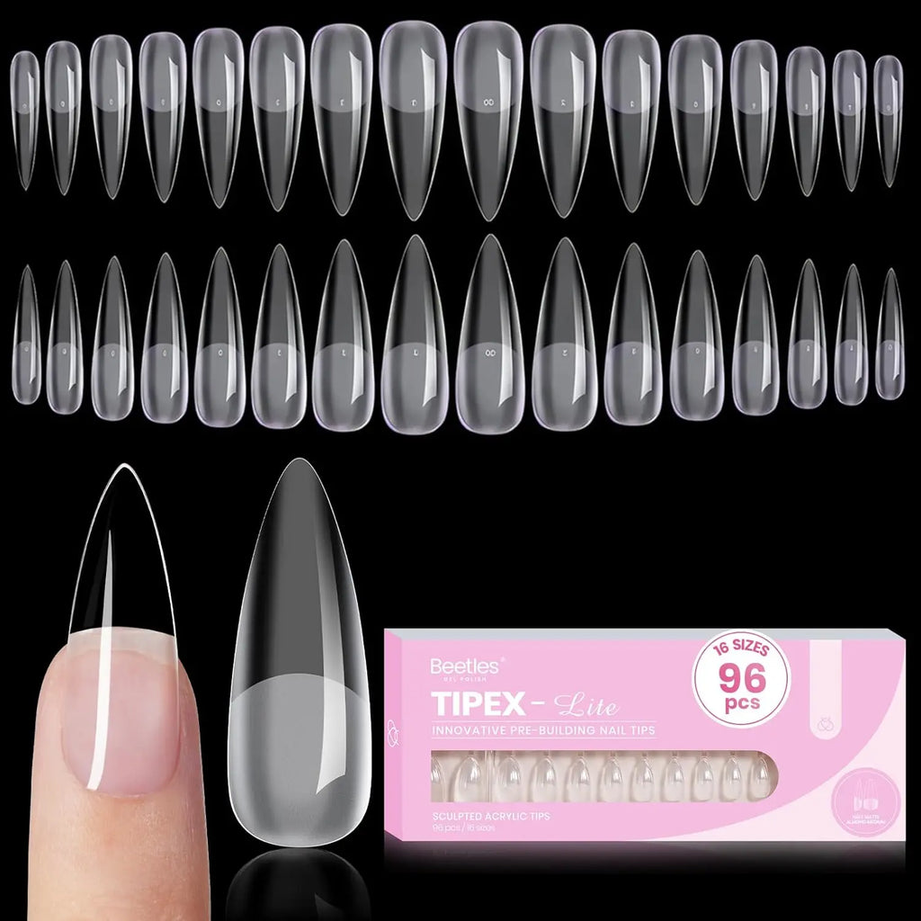 Beetles Tipex Lite Apex Nail Tips, 96/160/256/512PCS Pre-Etched Acrylic Nail Tips for Flat Nails & C-Curve Nail Beds, XS/S/M/L/XL Stiletto, Square, Almond & Coffin Nail Tips