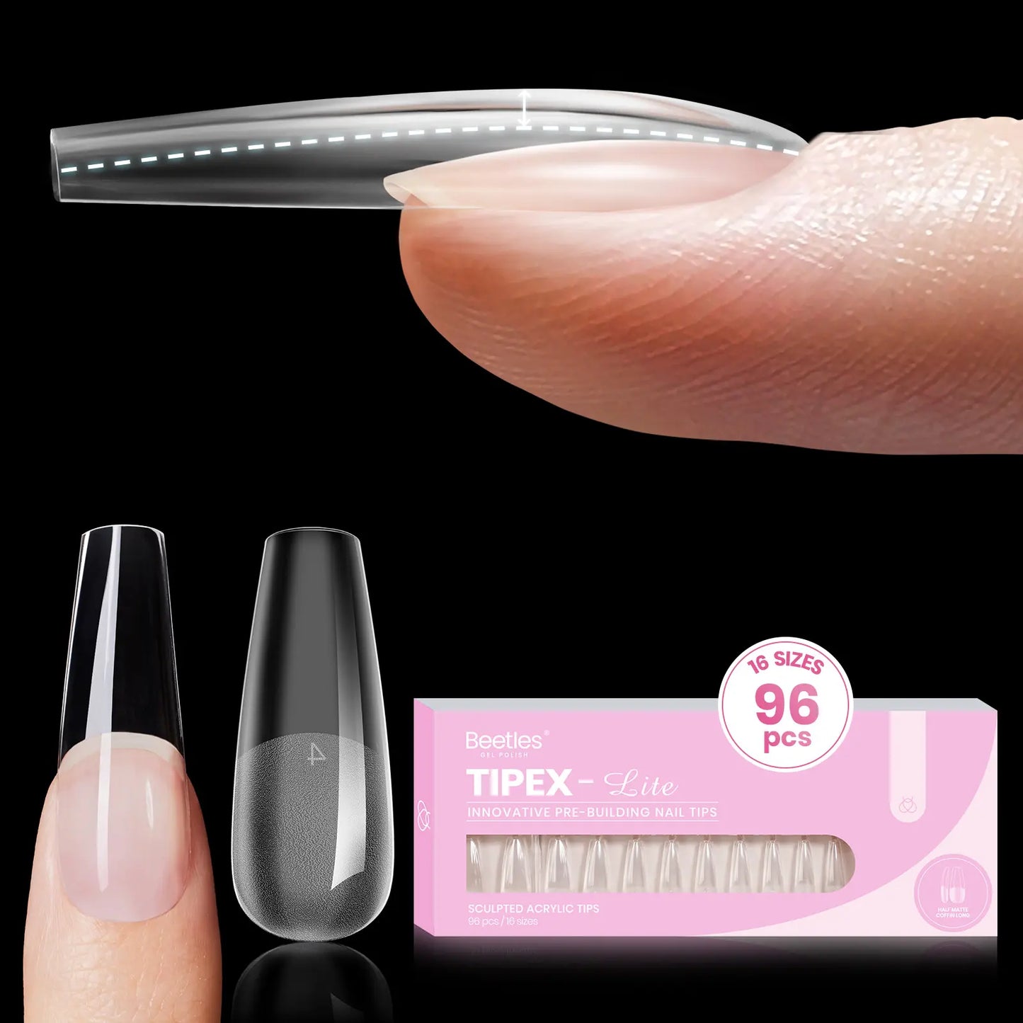 Beetles Tipex Lite Apex Nail Tips, 96/160/256/512PCS Pre-Etched Acrylic Nail Tips for Flat Nails & C-Curve Nail Beds, XS/S/M/L/XL Stiletto, Square, Almond & Coffin Nail Tips