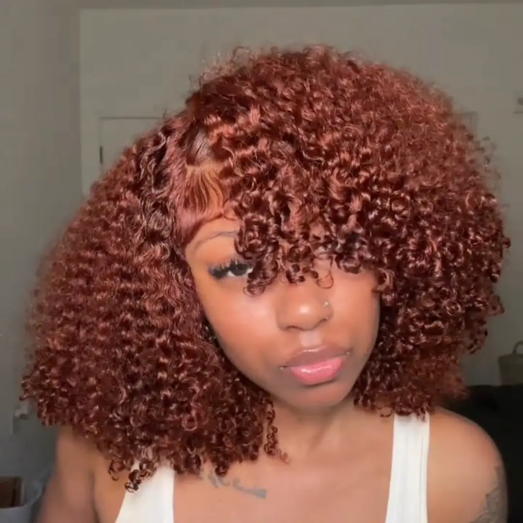Unice 250% Density Reddish Brown Fluffy Afro Kinky Curly with Layered Finger Coil Ends Glueless 7X5 HD Lace Closure Human Hair Wigs No Slip Beginner-Friendly Natural Looking Summer Wig Super Brand Day