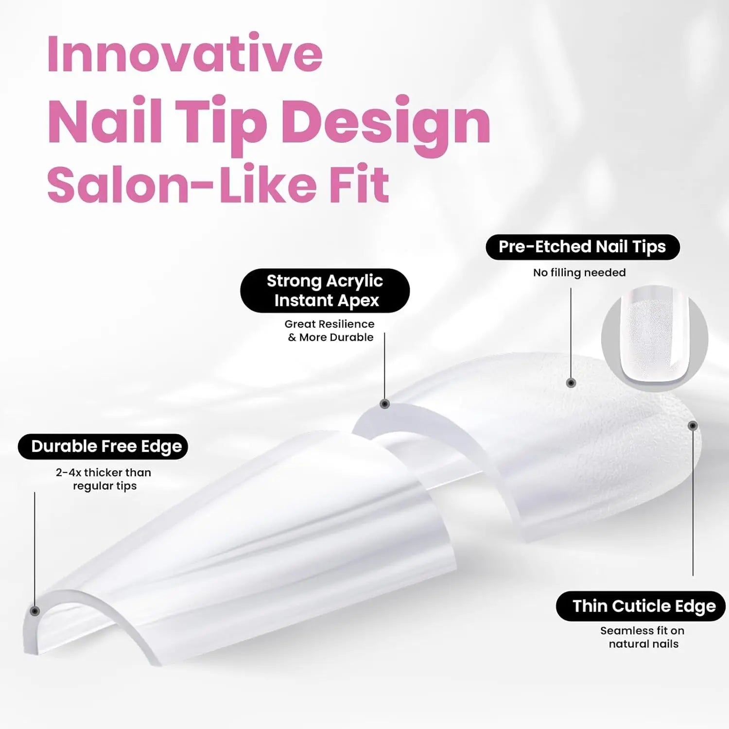 Beetles Tipex Lite Apex Nail Tips, 96/160/256/512PCS Pre-Etched Acrylic Nail Tips for Flat Nails & C-Curve Nail Beds, XS/S/M/L/XL Stiletto, Square, Almond & Coffin Nail Tips