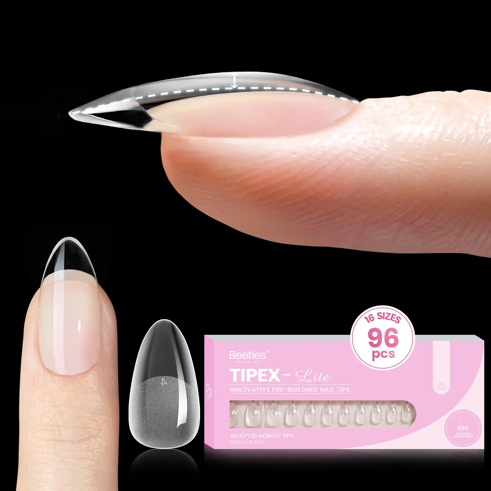 Beetles Tipex Lite Apex Nail Tips, 96/160/256/512PCS Pre-Etched Acrylic Nail Tips for Flat Nails & C-Curve Nail Beds, XS/S/M/L/XL Stiletto, Square, Almond & Coffin Nail Tips