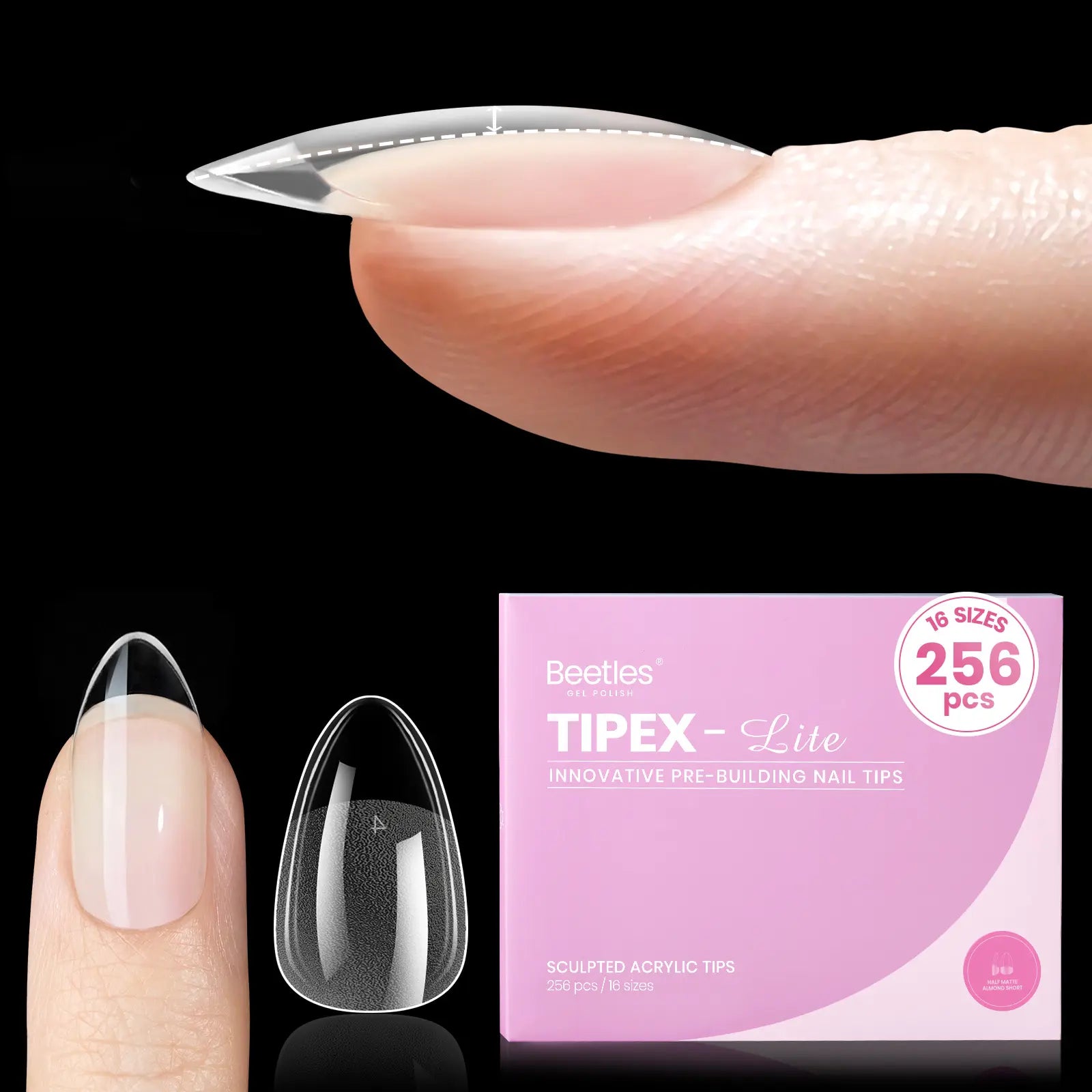 Beetles Tipex Lite Apex Nail Tips, 96/160/256/512PCS Pre-Etched Acrylic Nail Tips for Flat Nails & C-Curve Nail Beds, XS/S/M/L/XL Stiletto, Square, Almond & Coffin Nail Tips