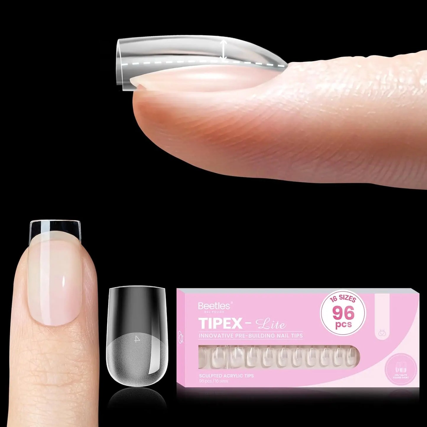 Beetles Tipex Lite Apex Nail Tips, 96/160/256/512PCS Pre-Etched Acrylic Nail Tips for Flat Nails & C-Curve Nail Beds, XS/S/M/L/XL Stiletto, Square, Almond & Coffin Nail Tips