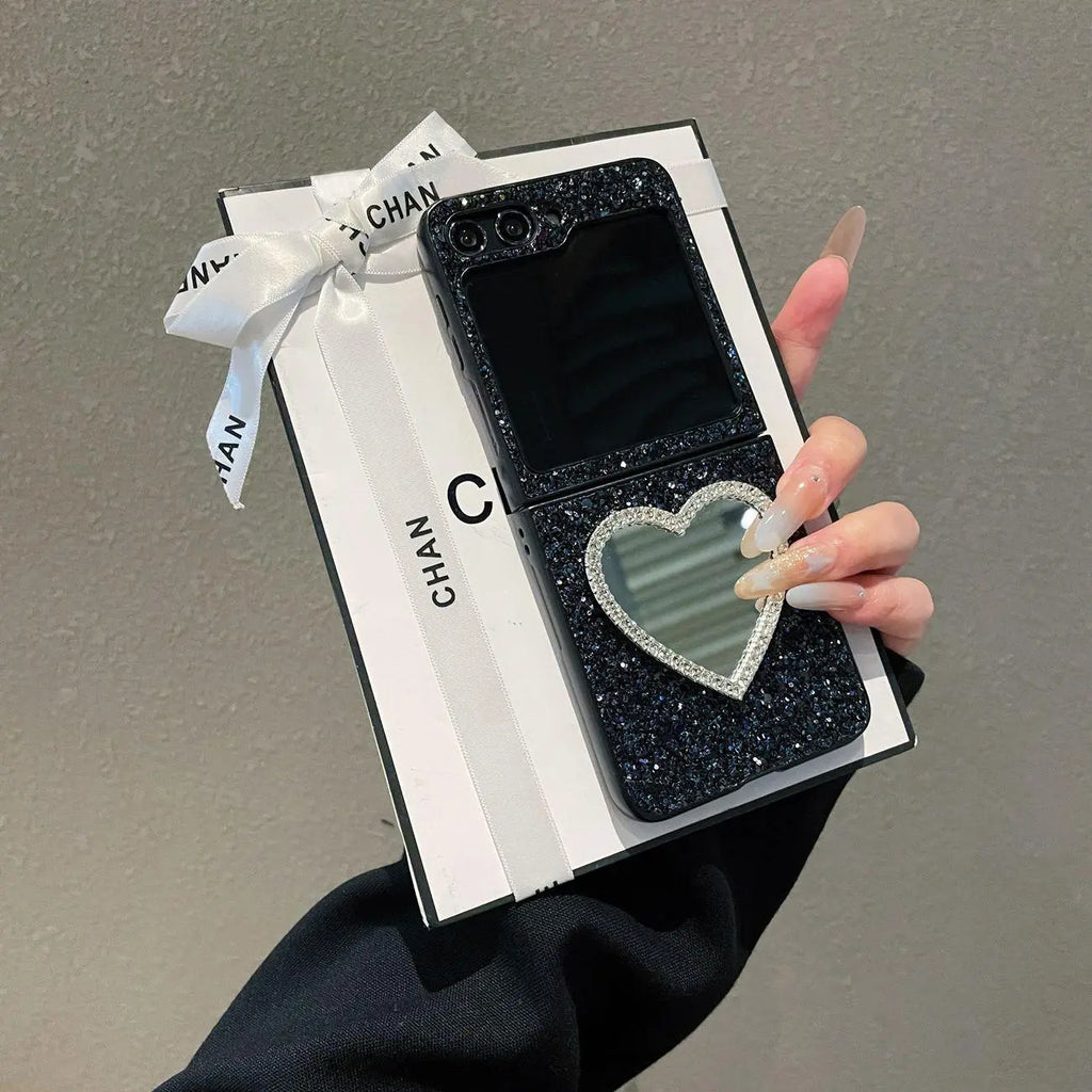 Compatible with Z Flip 8/7 FE/6/5/4/3 | Heart-Shaped Makeup Mirror Phone Case, Dazzling Starry Glitter for Folding Phone HNZ0013
