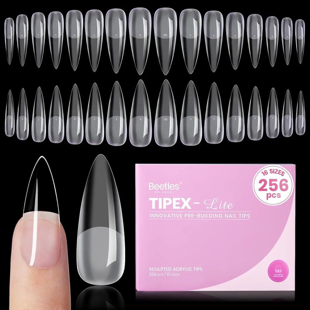 Beetles Tipex Lite Apex Nail Tips, 96/160/256/512PCS Pre-Etched Acrylic Nail Tips for Flat Nails & C-Curve Nail Beds, XS/S/M/L/XL Stiletto, Square, Almond & Coffin Nail Tips