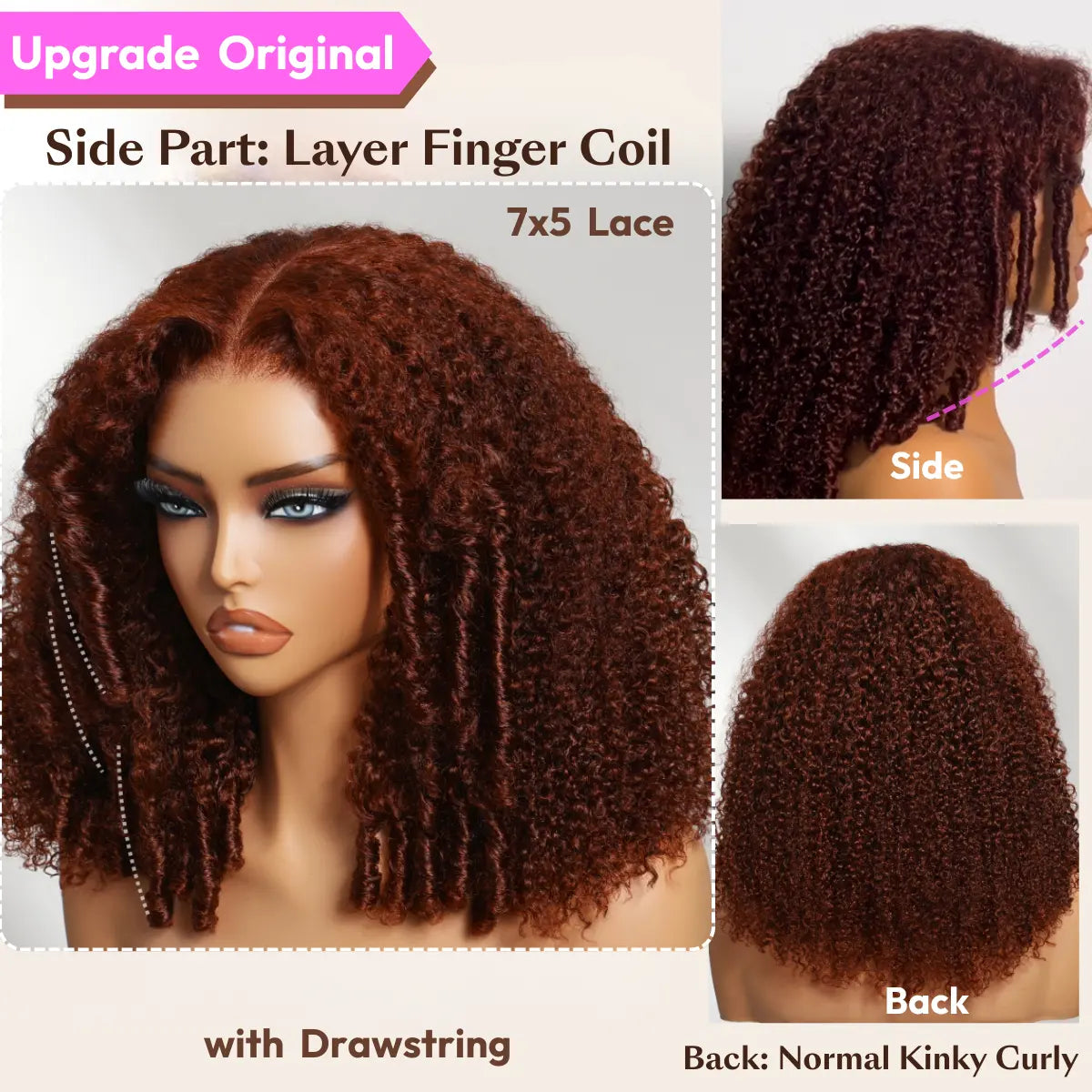 Unice 250% Density Reddish Brown Fluffy Afro Kinky Curly with Layered Finger Coil Ends Glueless 7X5 HD Lace Closure Human Hair Wigs No Slip Beginner-Friendly Natural Looking Summer Wig Super Brand Day