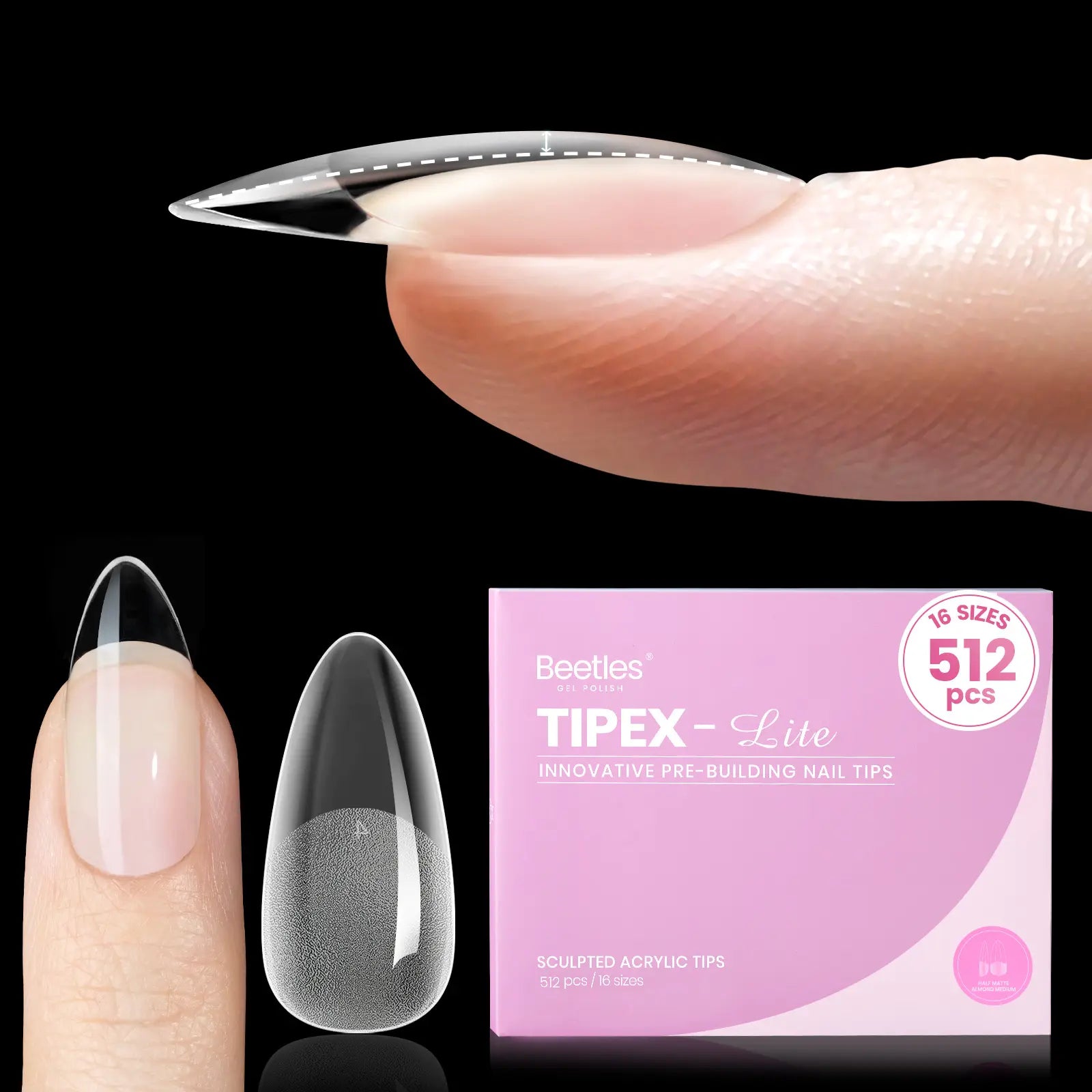 Beetles Tipex Lite Apex Nail Tips, 96/160/256/512PCS Pre-Etched Acrylic Nail Tips for Flat Nails & C-Curve Nail Beds, XS/S/M/L/XL Stiletto, Square, Almond & Coffin Nail Tips