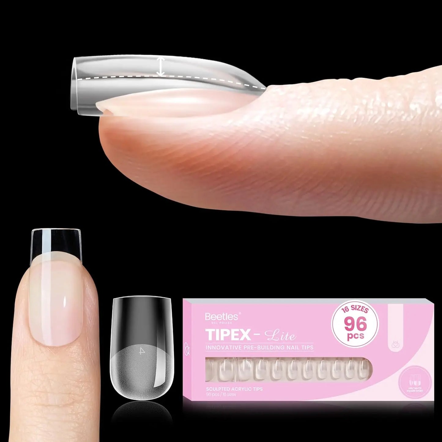 Beetles Tipex Lite Apex Nail Tips, 96/160/256/512PCS Pre-Etched Acrylic Nail Tips for Flat Nails & C-Curve Nail Beds, XS/S/M/L/XL Stiletto, Square, Almond & Coffin Nail Tips