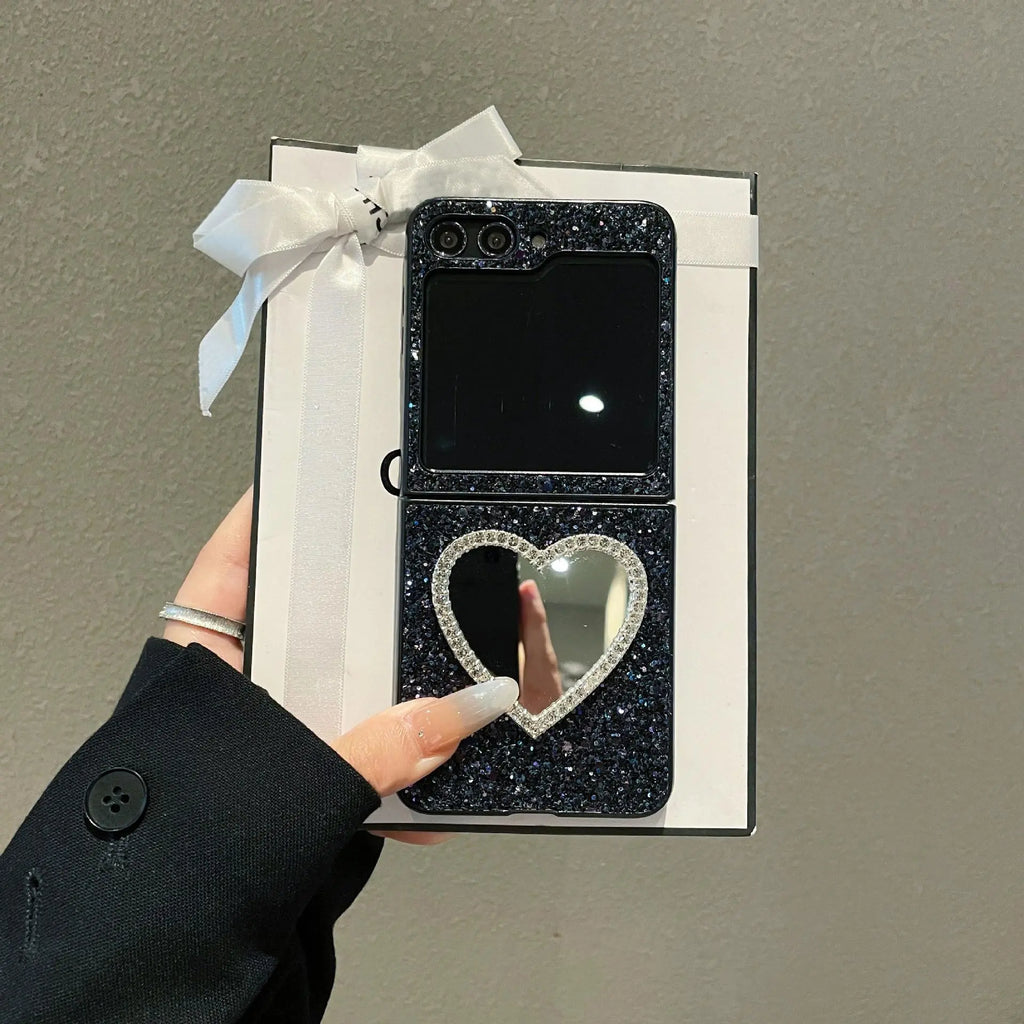 Compatible with Z Flip 8/7 FE/6/5/4/3 | Heart-Shaped Makeup Mirror Phone Case, Dazzling Starry Glitter for Folding Phone HNZ0013