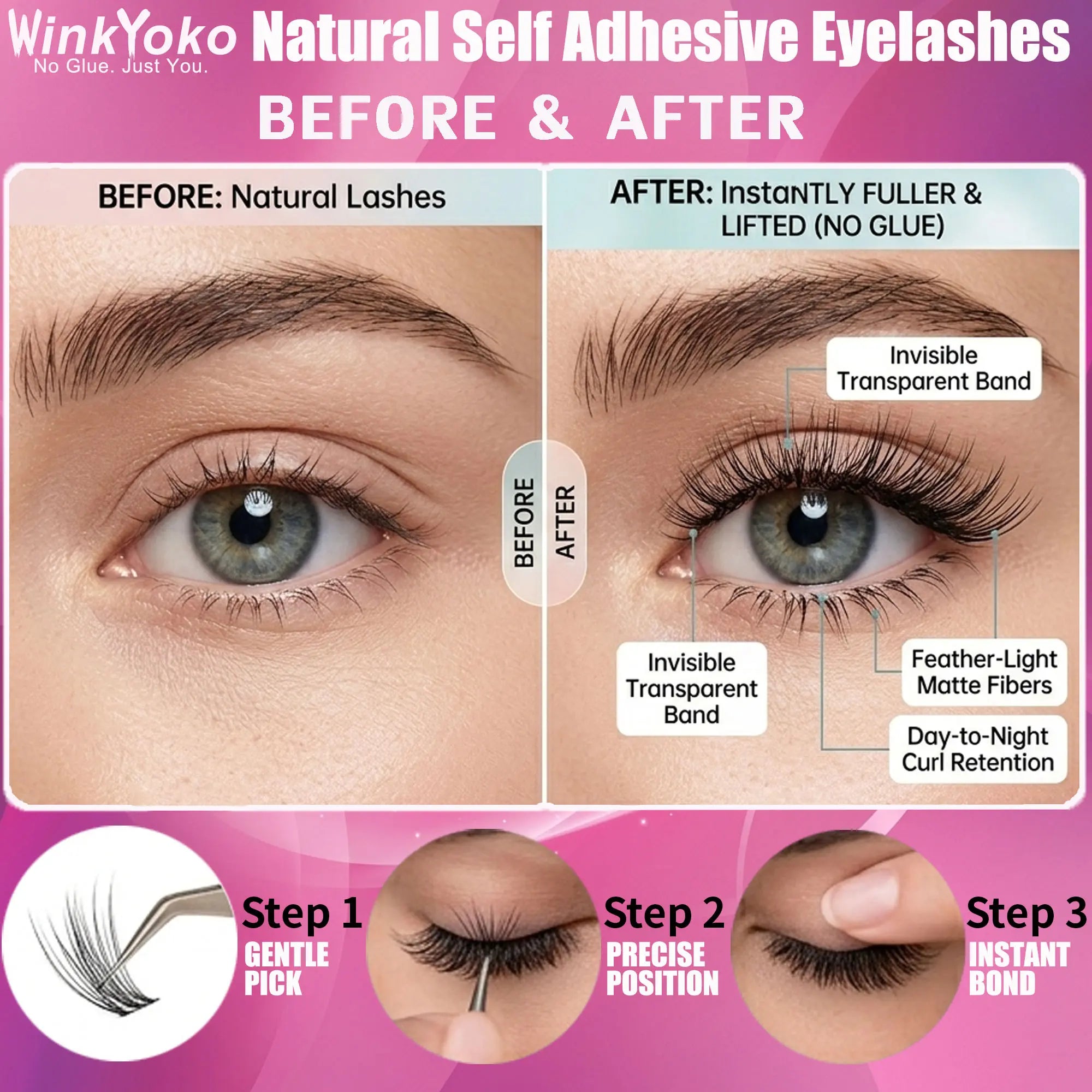 Self Adhesive Natural Lash Clusters-Fishtail Styles, Winkyoko No Glue Beginner Friendly Lashes, C Curl Diy Lash Extension, 8-14Mm Mixed Length Individval Natural-Look Eyelash Extension, Pre-Glued Long Lasting Lightweight Wispy Cat Eye Look No Glue Needed