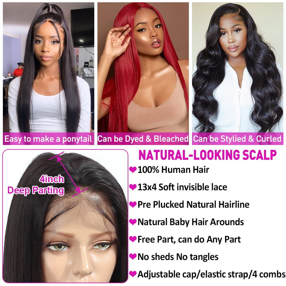 220% HD Lace Front Wigs Human Hair Pre Plucked 26 Inch | 12A 13X4 Lace Frontal Human Hair Wigs for Black Women Pre Bleached Small Knots Natural Hairline Natural Black Color