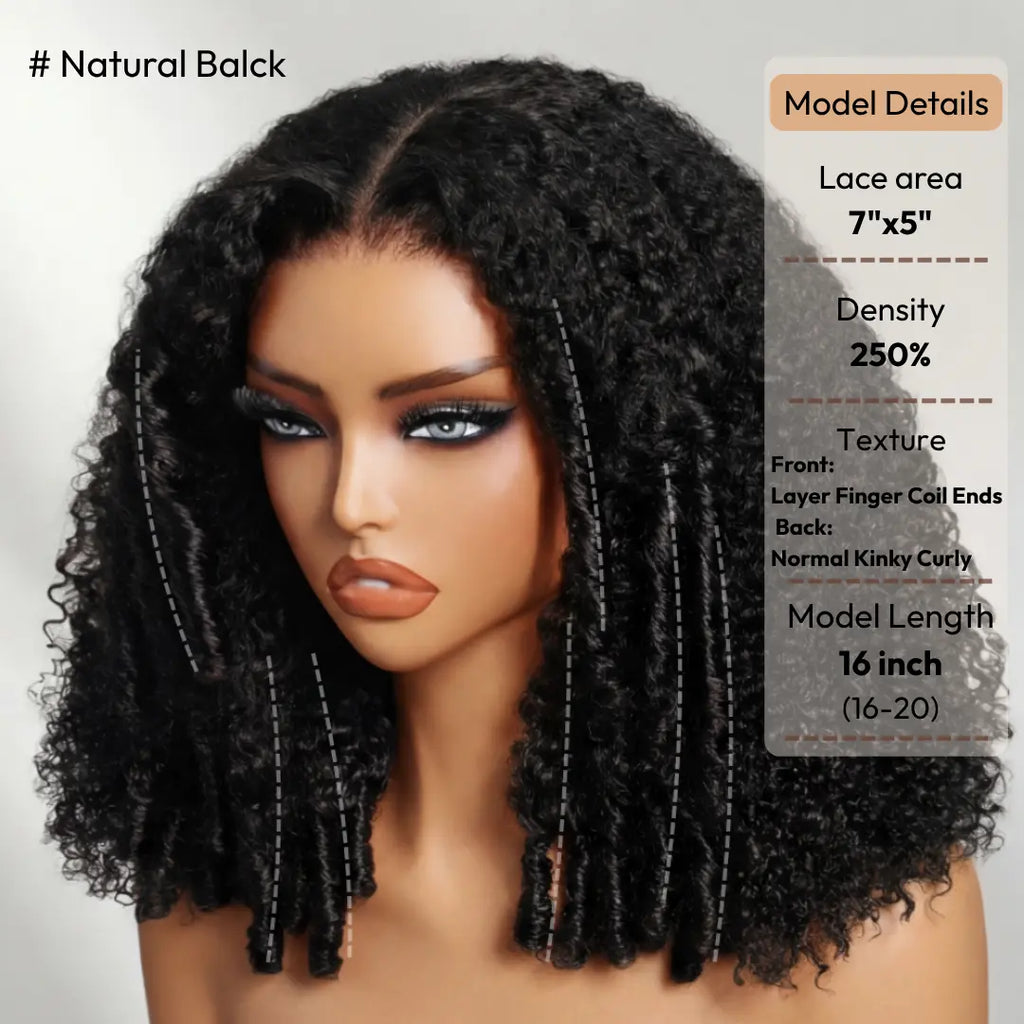 Unice 250% Density Reddish Brown Fluffy Afro Kinky Curly with Layered Finger Coil Ends Glueless 7X5 HD Lace Closure Human Hair Wigs No Slip Beginner-Friendly Natural Looking Summer Wig Super Brand Day