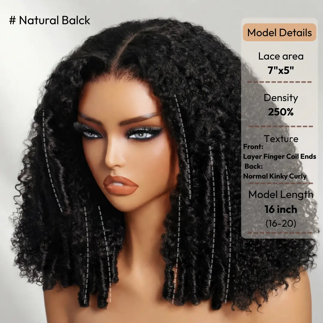 Unice 250% Density Reddish Brown Fluffy Afro Kinky Curly with Layered Finger Coil Ends Glueless 7X5 HD Lace Closure Human Hair Wigs No Slip Beginner-Friendly Natural Looking Summer Wig Super Brand Day