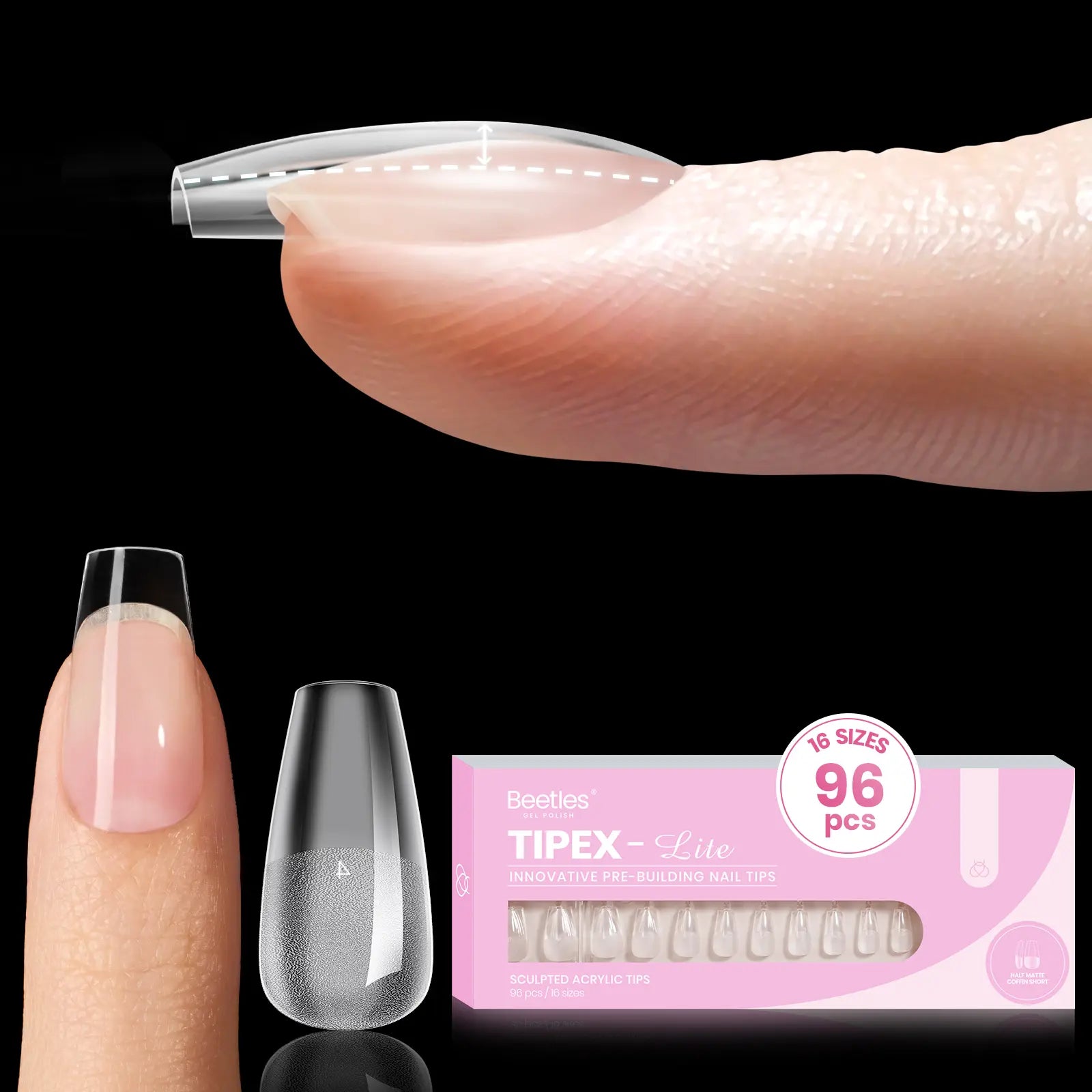 Beetles Tipex Lite Apex Nail Tips, 96/160/256/512PCS Pre-Etched Acrylic Nail Tips for Flat Nails & C-Curve Nail Beds, XS/S/M/L/XL Stiletto, Square, Almond & Coffin Nail Tips