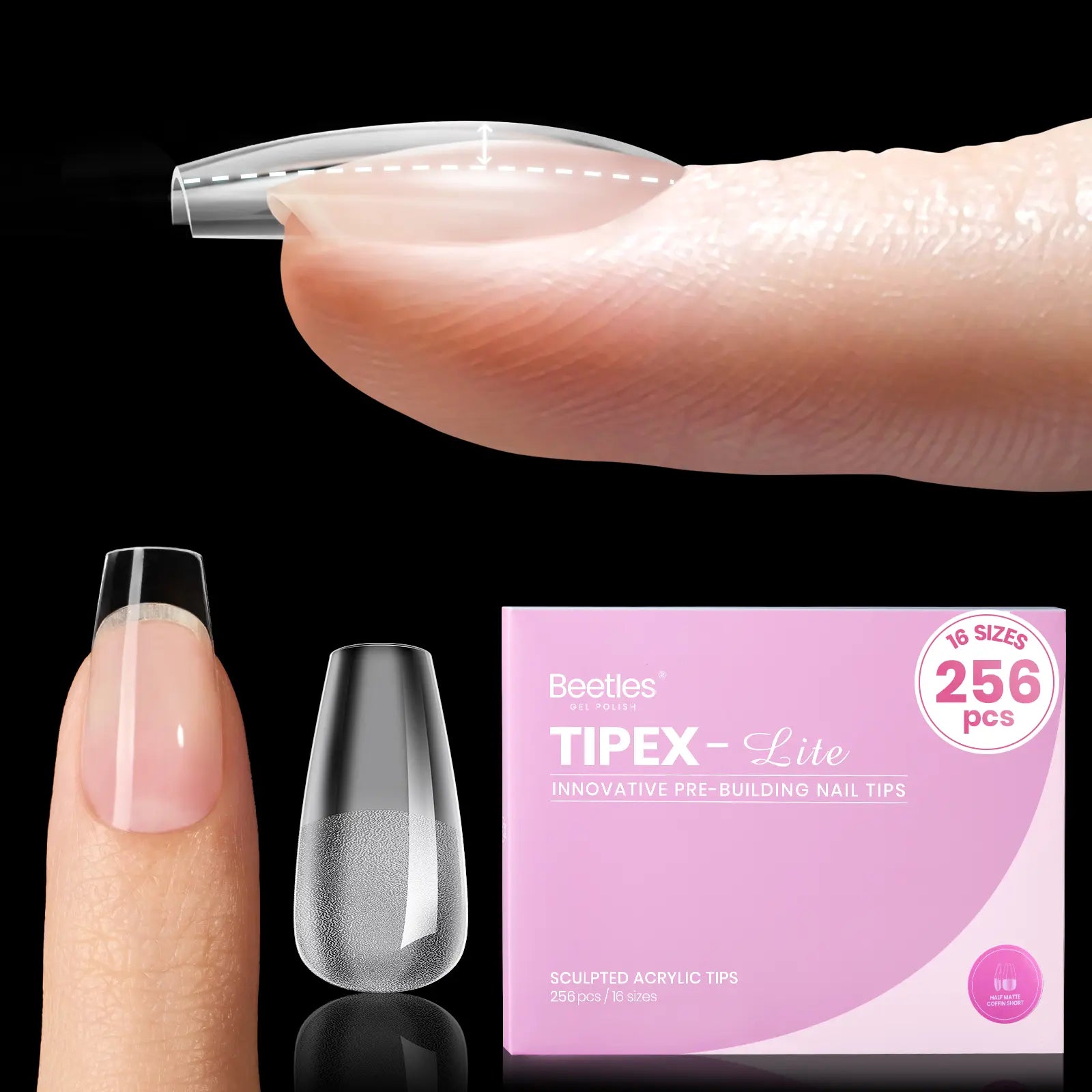 Beetles Tipex Lite Apex Nail Tips, 96/160/256/512PCS Pre-Etched Acrylic Nail Tips for Flat Nails & C-Curve Nail Beds, XS/S/M/L/XL Stiletto, Square, Almond & Coffin Nail Tips