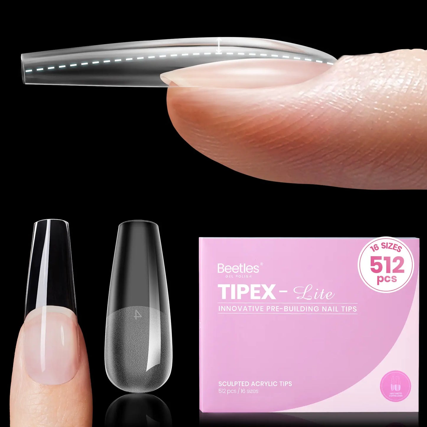 Beetles Tipex Lite Apex Nail Tips, 96/160/256/512PCS Pre-Etched Acrylic Nail Tips for Flat Nails & C-Curve Nail Beds, XS/S/M/L/XL Stiletto, Square, Almond & Coffin Nail Tips