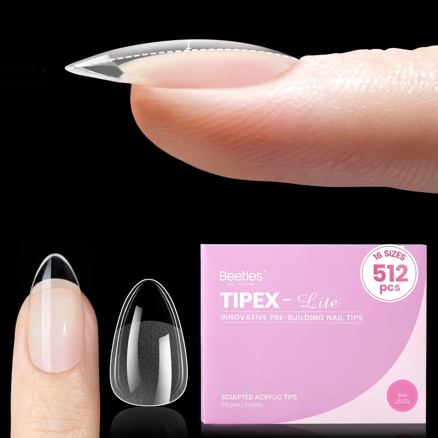 Beetles Tipex Lite Apex Nail Tips, 96/160/256/512PCS Pre-Etched Acrylic Nail Tips for Flat Nails & C-Curve Nail Beds, XS/S/M/L/XL Stiletto, Square, Almond & Coffin Nail Tips