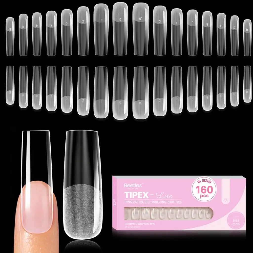 Beetles Tipex Lite Apex Nail Tips, 96/160/256/512PCS Pre-Etched Acrylic Nail Tips for Flat Nails & C-Curve Nail Beds, XS/S/M/L/XL Stiletto, Square, Almond & Coffin Nail Tips