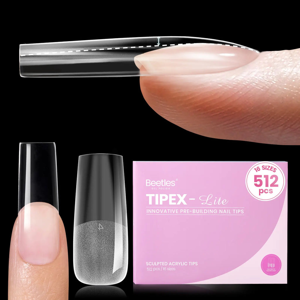 Beetles Tipex Lite Apex Nail Tips, 96/160/256/512PCS Pre-Etched Acrylic Nail Tips for Flat Nails & C-Curve Nail Beds, XS/S/M/L/XL Stiletto, Square, Almond & Coffin Nail Tips