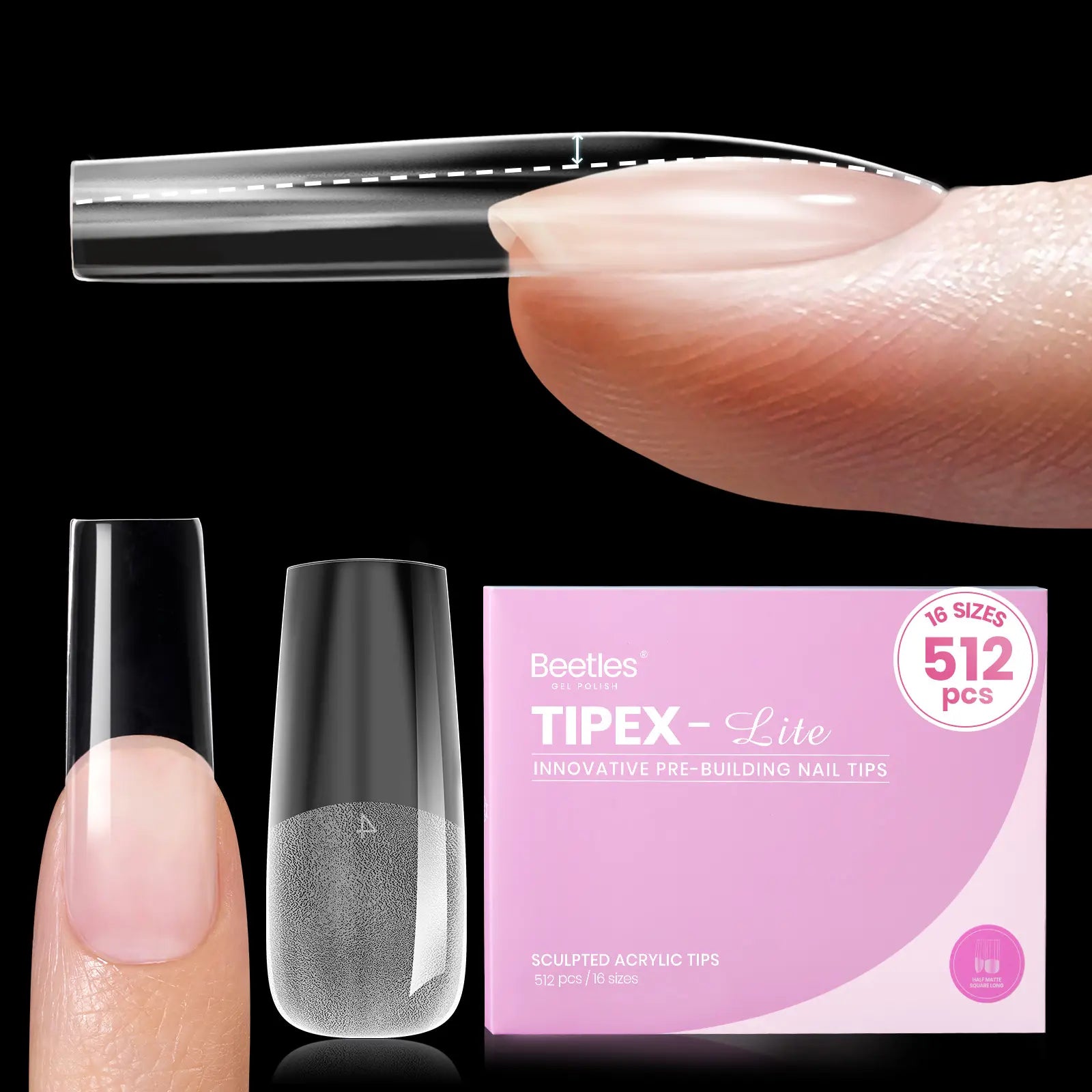 Beetles Tipex Lite Apex Nail Tips, 96/160/256/512PCS Pre-Etched Acrylic Nail Tips for Flat Nails & C-Curve Nail Beds, XS/S/M/L/XL Stiletto, Square, Almond & Coffin Nail Tips