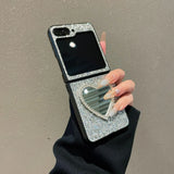 Compatible with Z Flip 8/7 FE/6/5/4/3 | Heart-Shaped Makeup Mirror Phone Case, Dazzling Starry Glitter for Folding Phone HNZ0013
