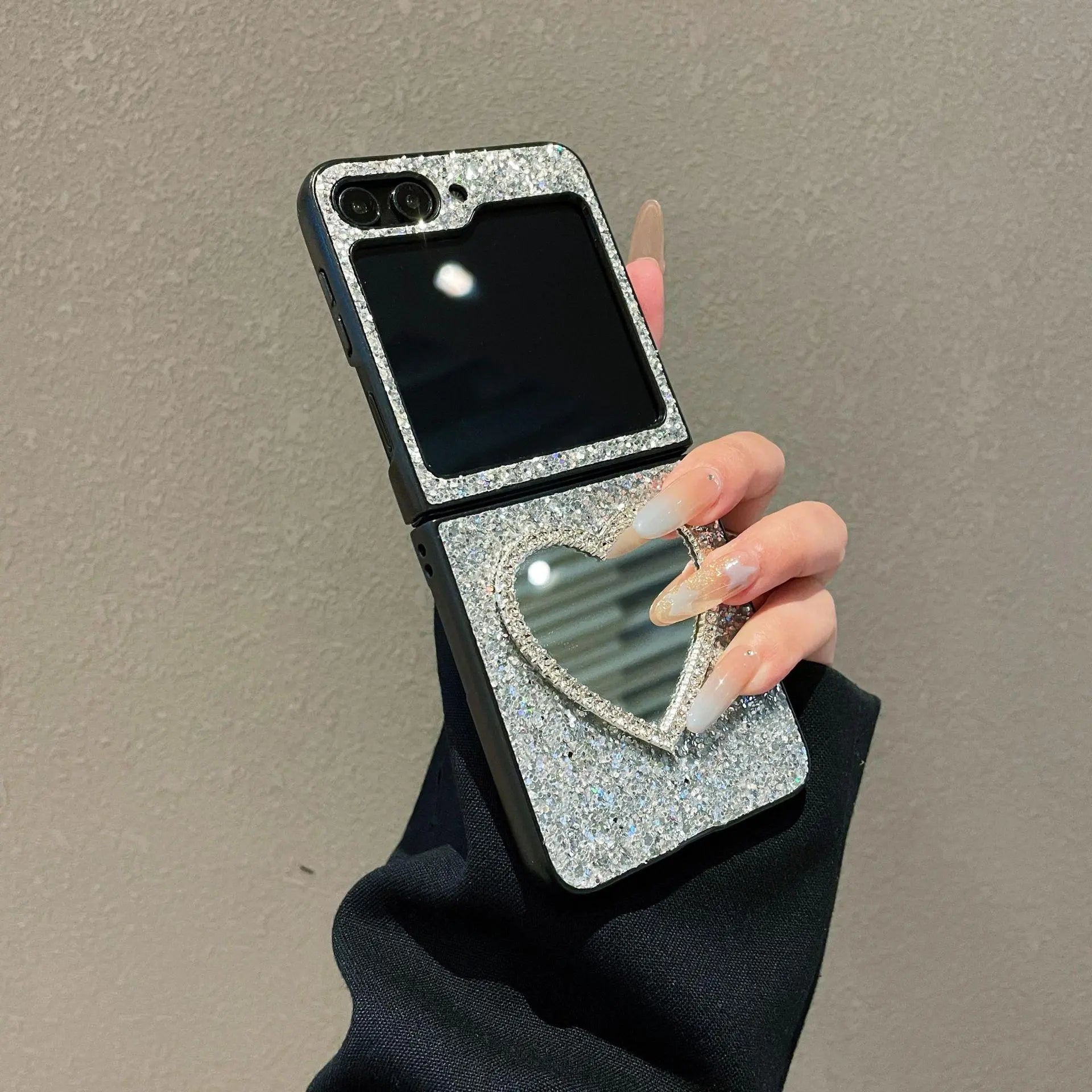 Compatible with Z Flip 8/7 FE/6/5/4/3 | Heart-Shaped Makeup Mirror Phone Case, Dazzling Starry Glitter for Folding Phone HNZ0013