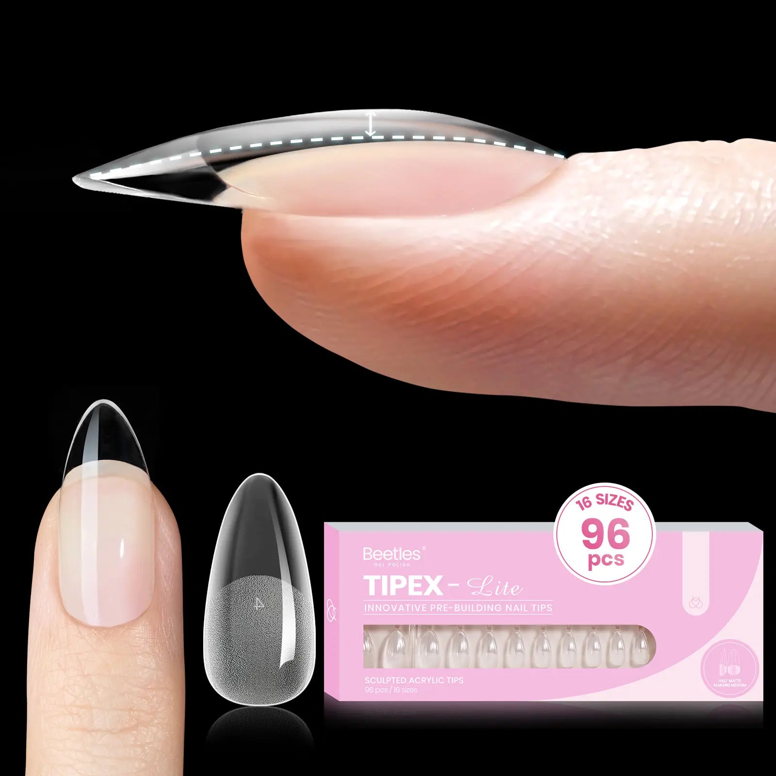 Beetles Tipex Lite Apex Nail Tips, 96/160/256/512PCS Pre-Etched Acrylic Nail Tips for Flat Nails & C-Curve Nail Beds, XS/S/M/L/XL Stiletto, Square, Almond & Coffin Nail Tips