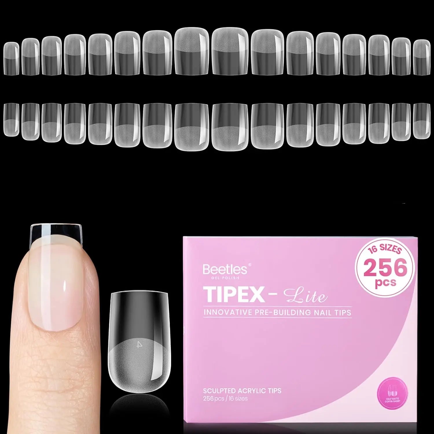 Beetles Tipex Lite Apex Nail Tips, 96/160/256/512PCS Pre-Etched Acrylic Nail Tips for Flat Nails & C-Curve Nail Beds, XS/S/M/L/XL Stiletto, Square, Almond & Coffin Nail Tips