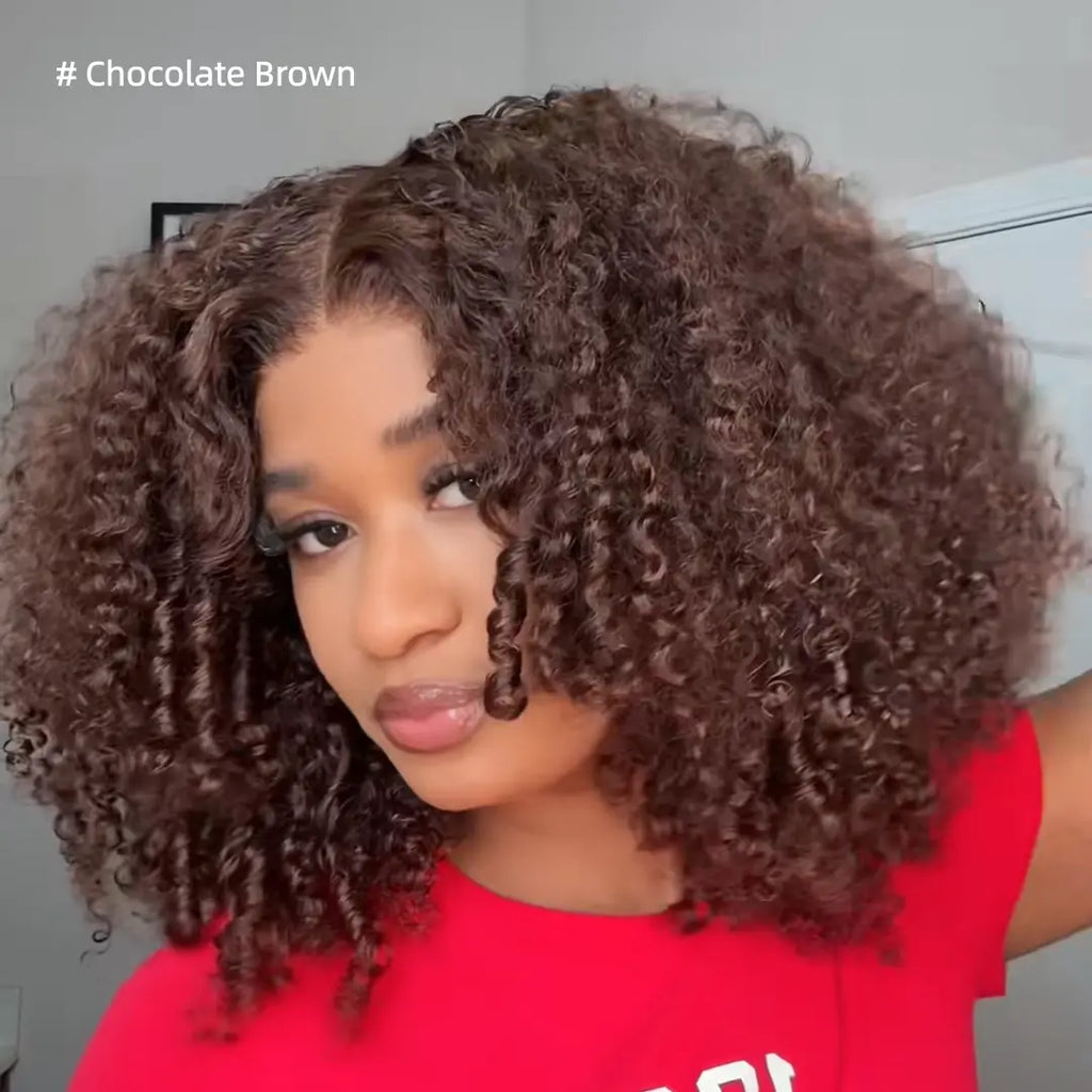 Unice 250% Density Reddish Brown Fluffy Afro Kinky Curly with Layered Finger Coil Ends Glueless 7X5 HD Lace Closure Human Hair Wigs No Slip Beginner-Friendly Natural Looking Summer Wig Super Brand Day
