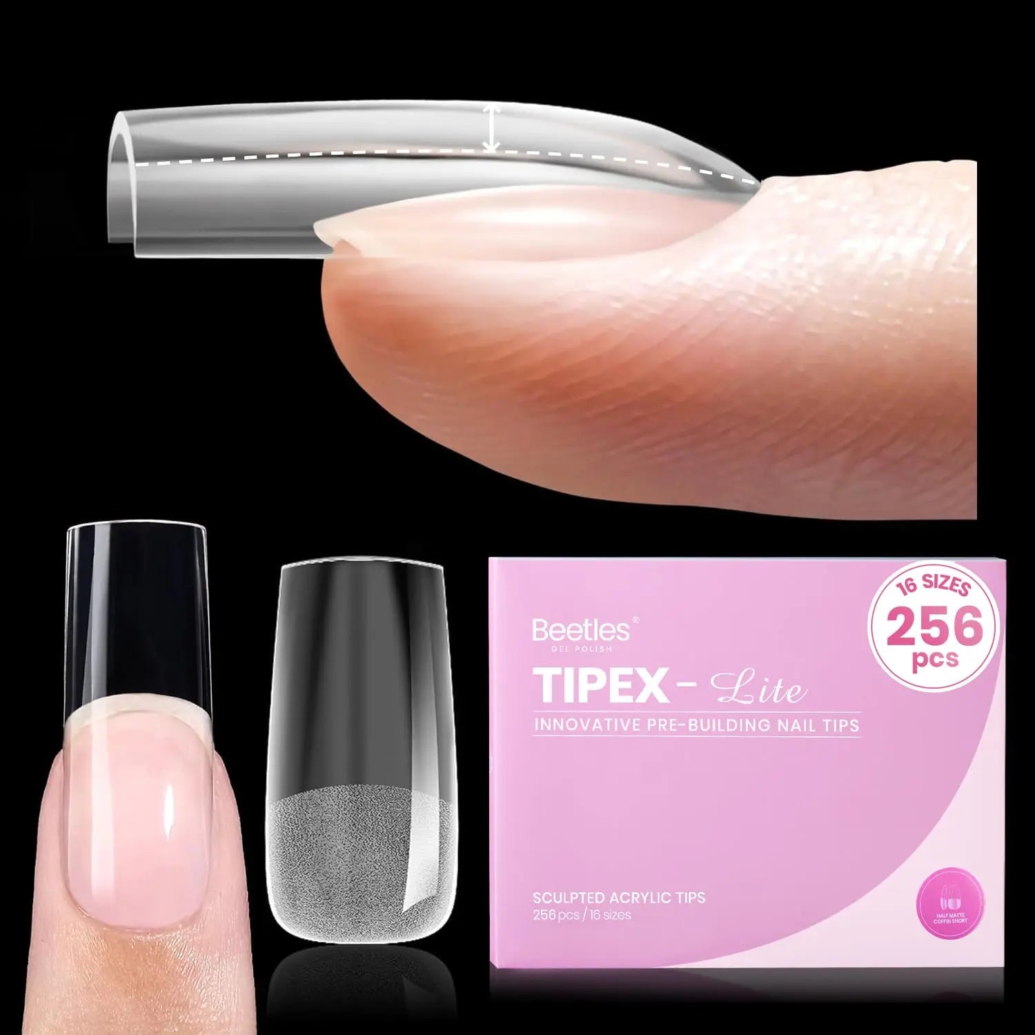 Beetles Tipex Lite Apex Nail Tips, 96/160/256/512PCS Pre-Etched Acrylic Nail Tips for Flat Nails & C-Curve Nail Beds, XS/S/M/L/XL Stiletto, Square, Almond & Coffin Nail Tips