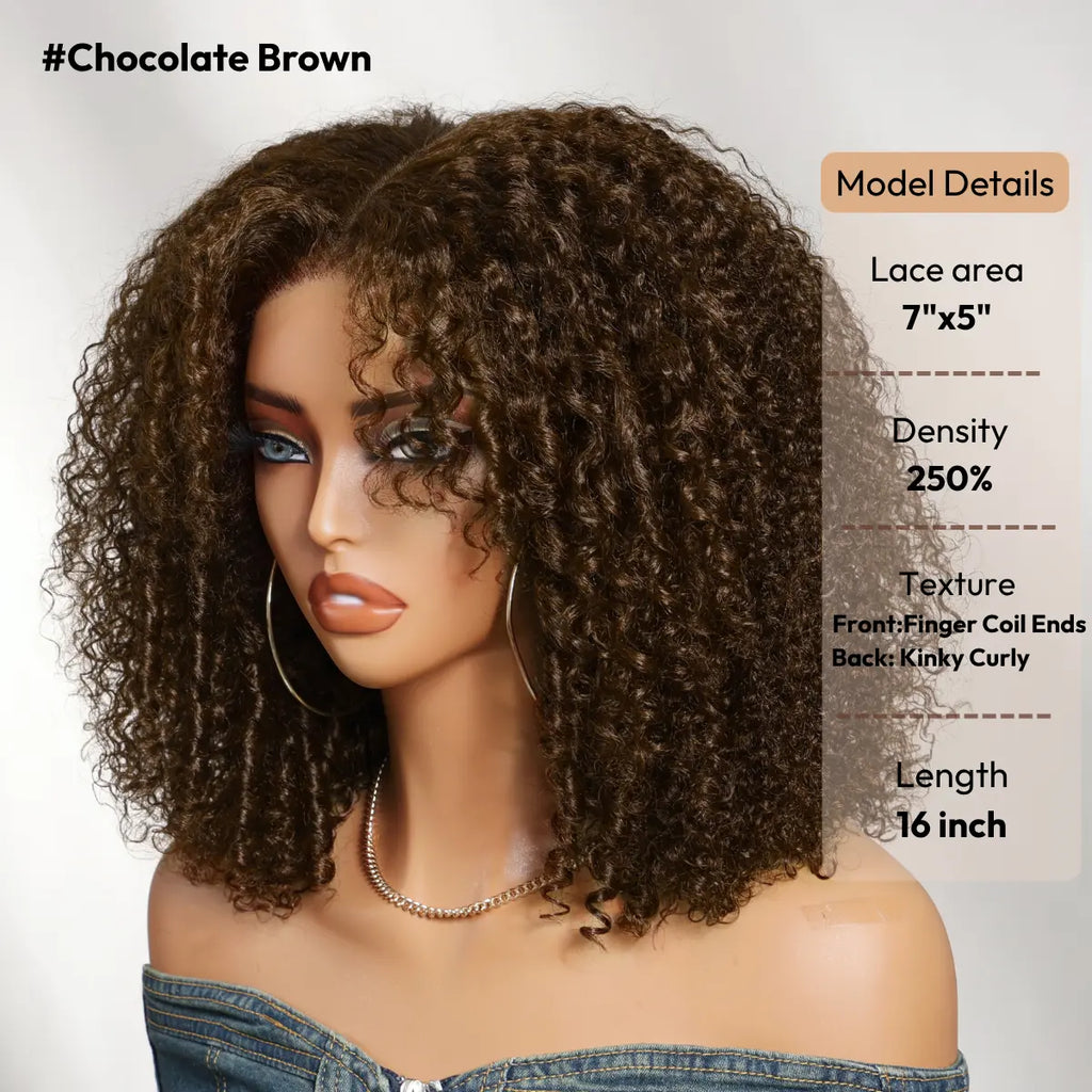 Unice 250% Density Reddish Brown Fluffy Afro Kinky Curly with Layered Finger Coil Ends Glueless 7X5 HD Lace Closure Human Hair Wigs No Slip Beginner-Friendly Natural Looking Summer Wig Super Brand Day
