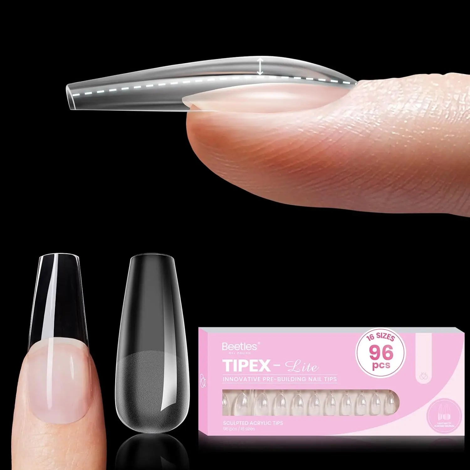 Beetles Tipex Lite Apex Nail Tips, 96/160/256/512PCS Pre-Etched Acrylic Nail Tips for Flat Nails & C-Curve Nail Beds, XS/S/M/L/XL Stiletto, Square, Almond & Coffin Nail Tips