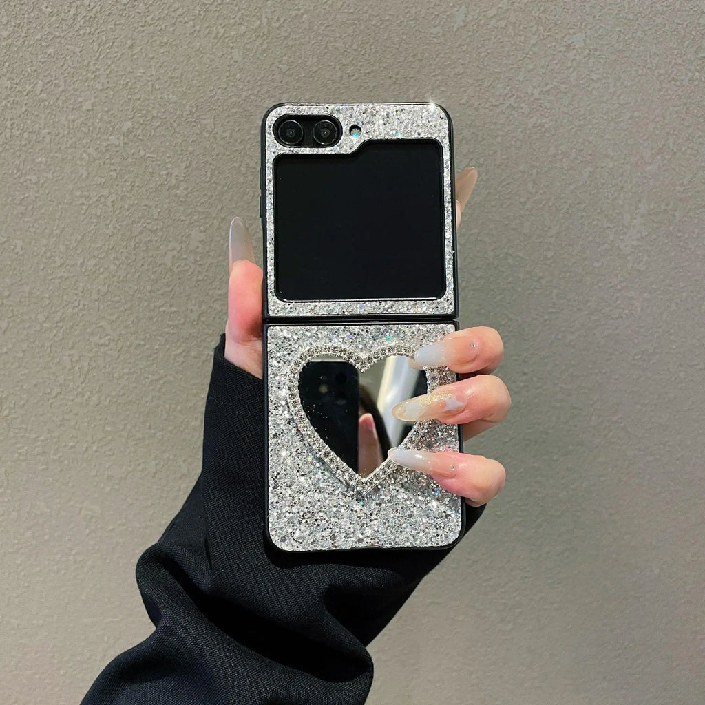 Compatible with Z Flip 8/7 FE/6/5/4/3 | Heart-Shaped Makeup Mirror Phone Case, Dazzling Starry Glitter for Folding Phone HNZ0013