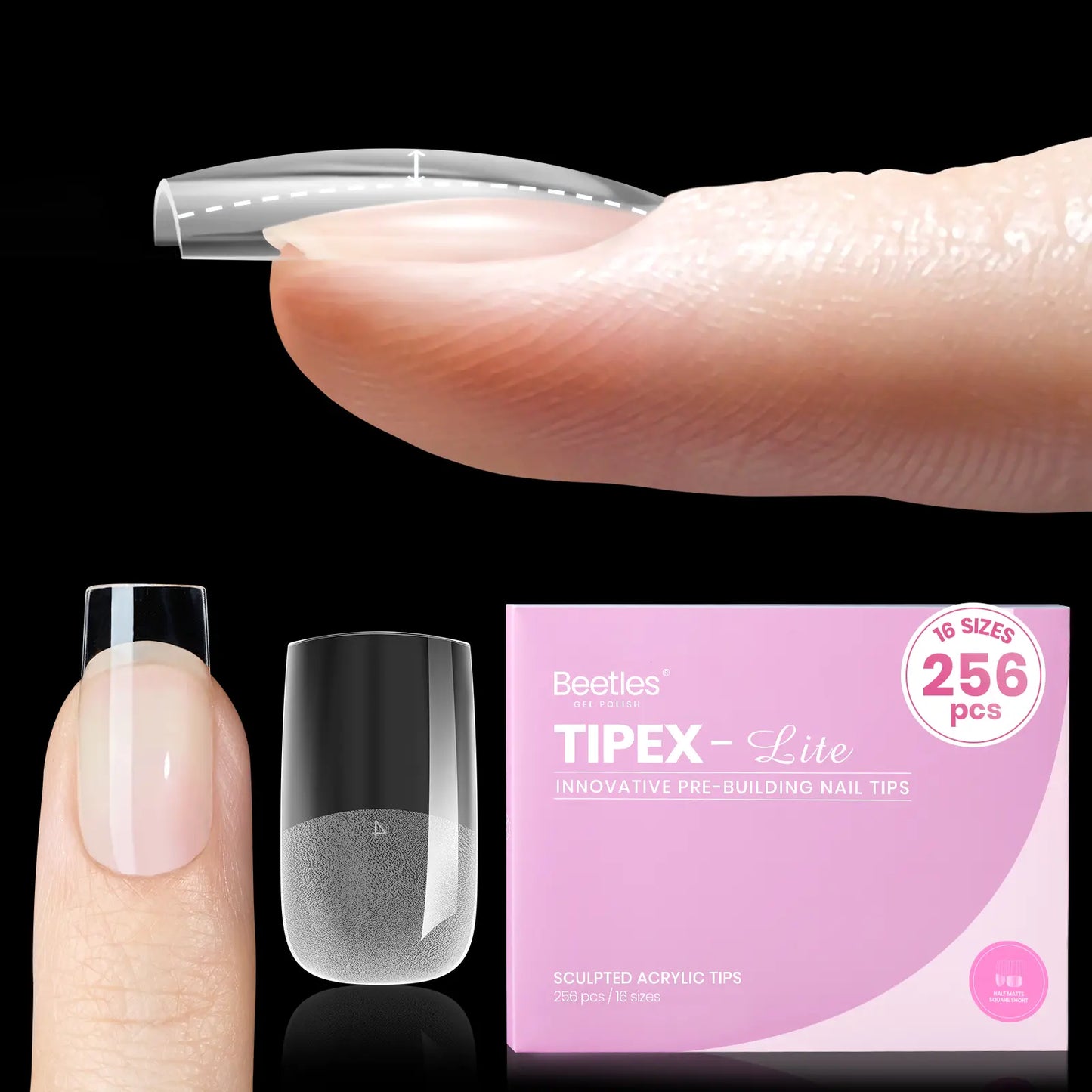 Beetles Tipex Lite Apex Nail Tips, 96/160/256/512PCS Pre-Etched Acrylic Nail Tips for Flat Nails & C-Curve Nail Beds, XS/S/M/L/XL Stiletto, Square, Almond & Coffin Nail Tips