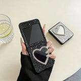 Compatible with Z Flip 8/7 FE/6/5/4/3 | Heart-Shaped Makeup Mirror Phone Case, Dazzling Starry Glitter for Folding Phone HNZ0013